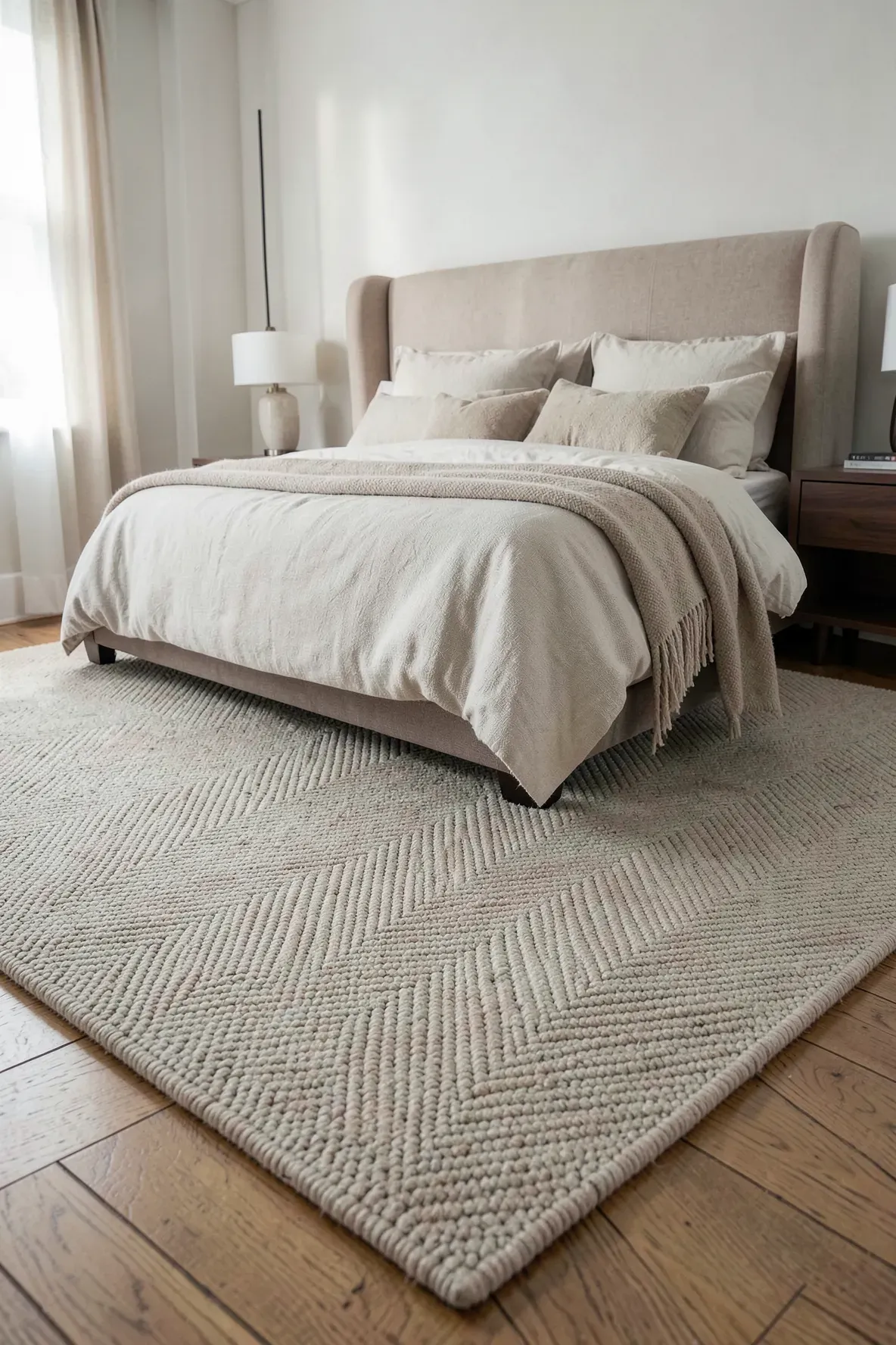 A neutral beige rug with a subtle herringbone weave pattern in a calm, sophisticated bedroom.