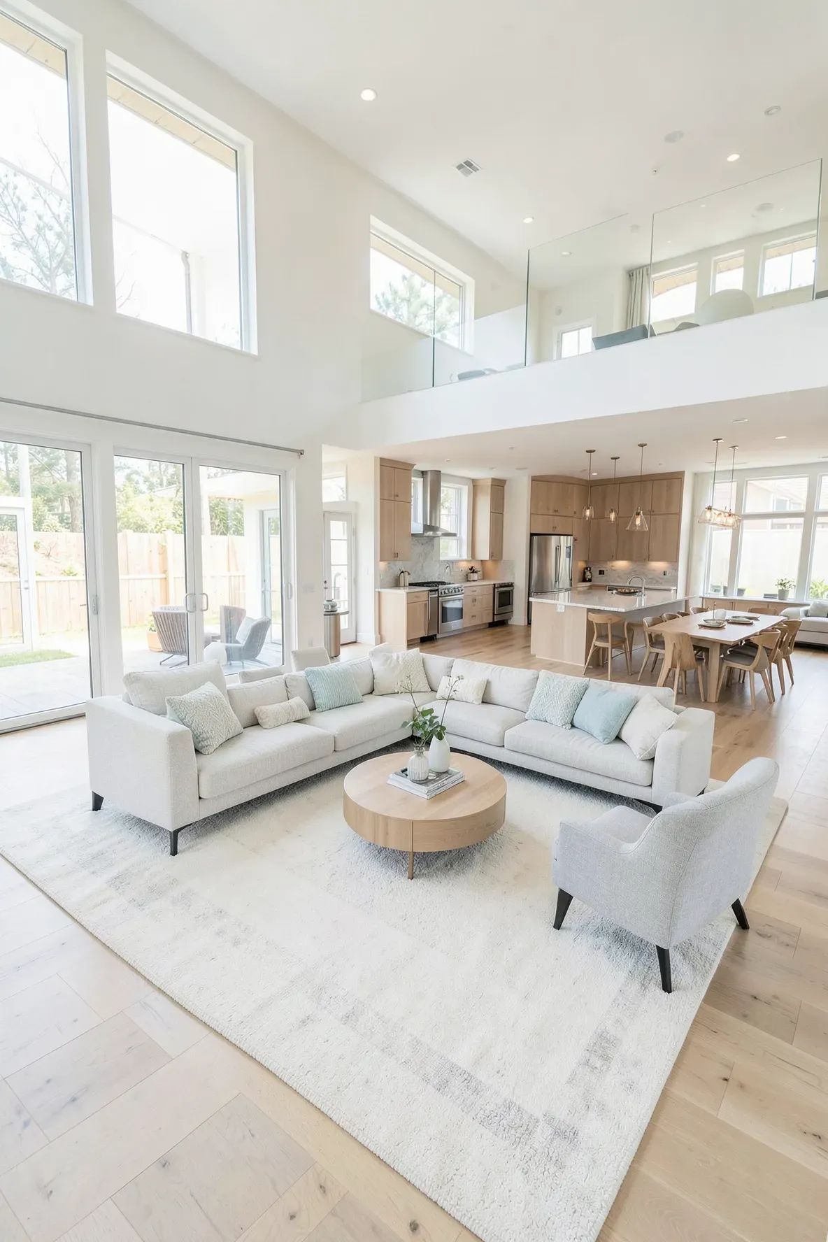 A large cream rug anchoring a living room set within a bright, open-concept home layout.