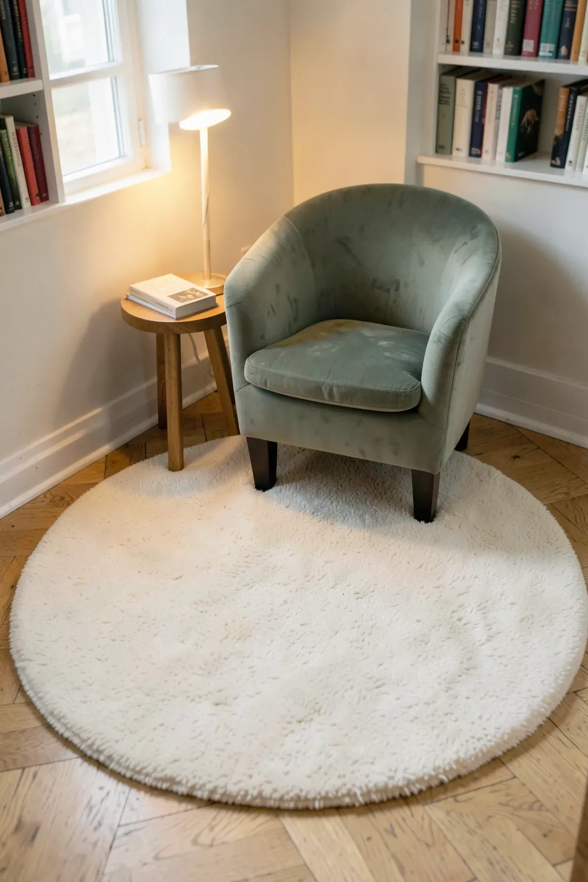 A round cream wool rug under a sage green armchair in a cozy, sunlit reading corner.