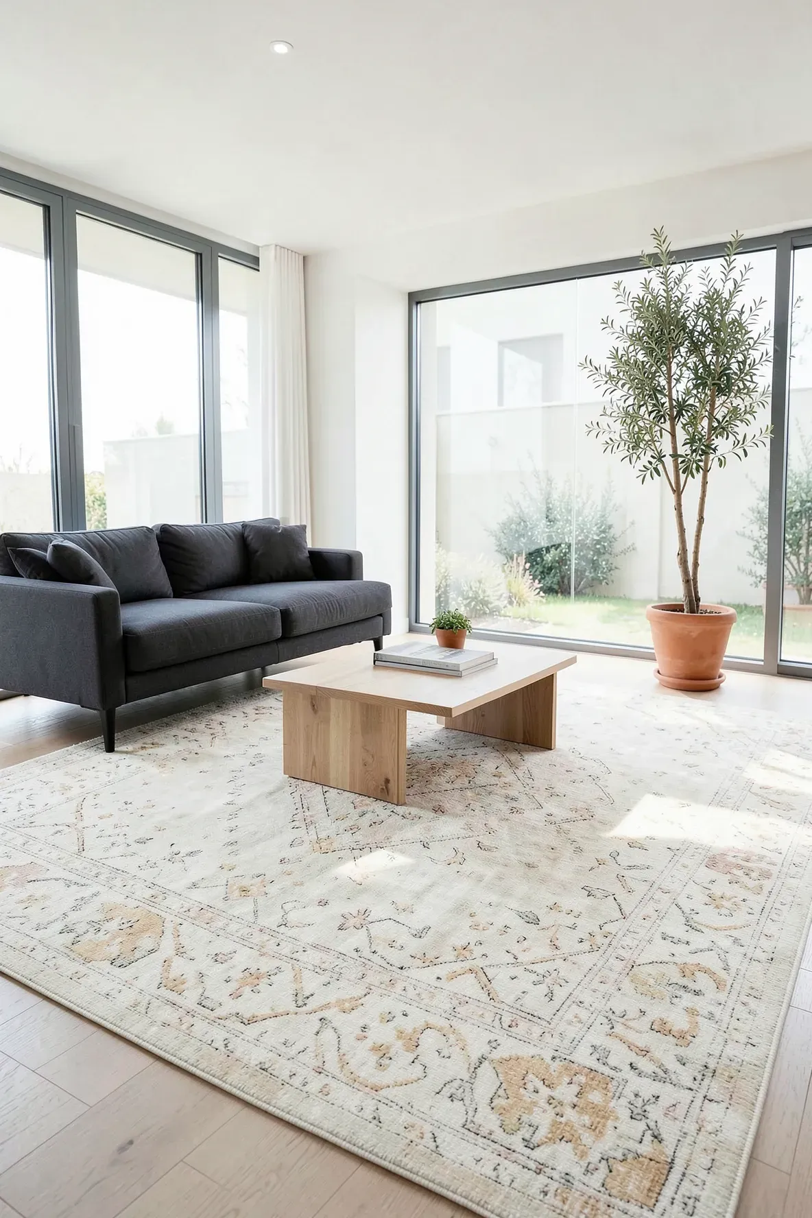 A large faded cream vintage-style rug with traditional motifs in a bright, modern living room with a grey sofa.