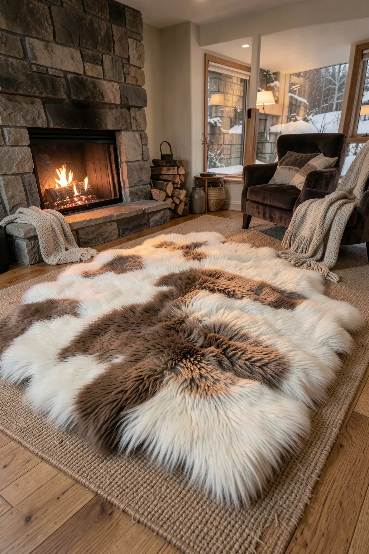A plush white faux fur rug layered on a larger carpet in front of a glowing fireplace in a cozy room.