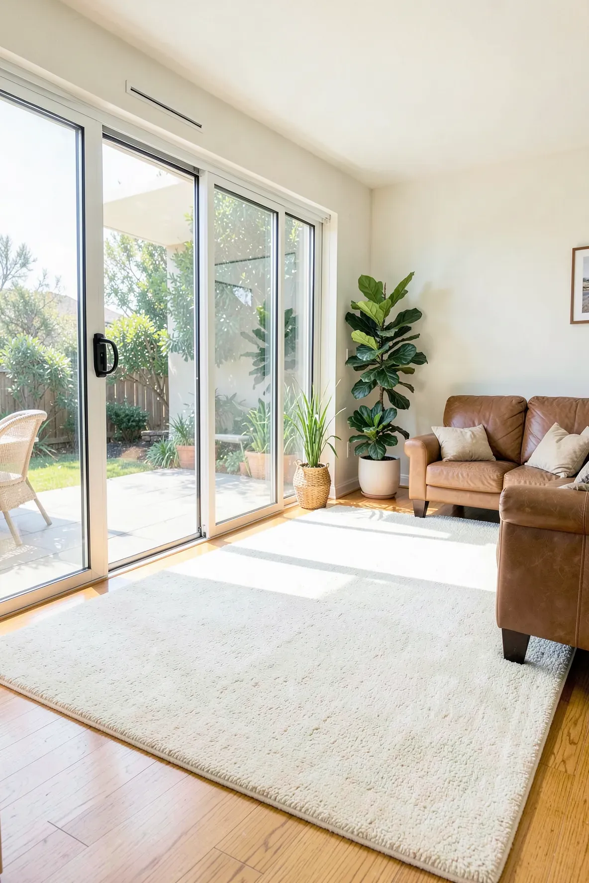 A bright cream performance fabric rug in a sunlit living room with large glass doors and green plants.