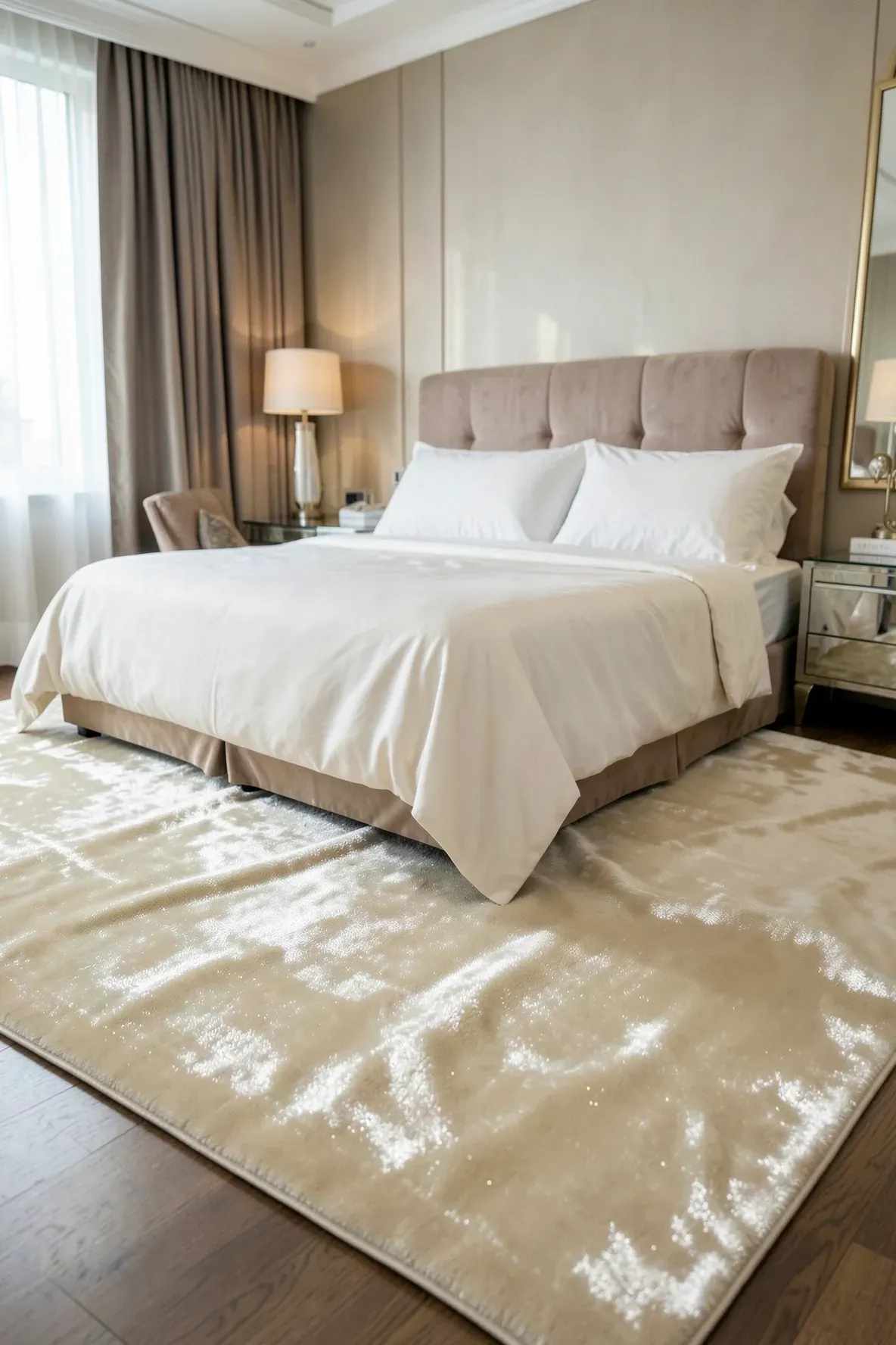 A shimmering cream silk-blend rug in a luxury bedroom with white linens and elegant furniture.