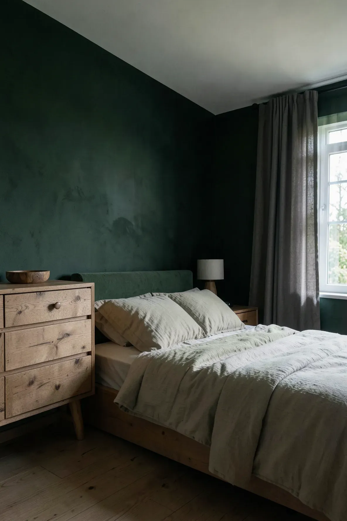 A moody bedroom with deep forest green walls, a raw oak dresser, and a cedar stool under soft natural light.