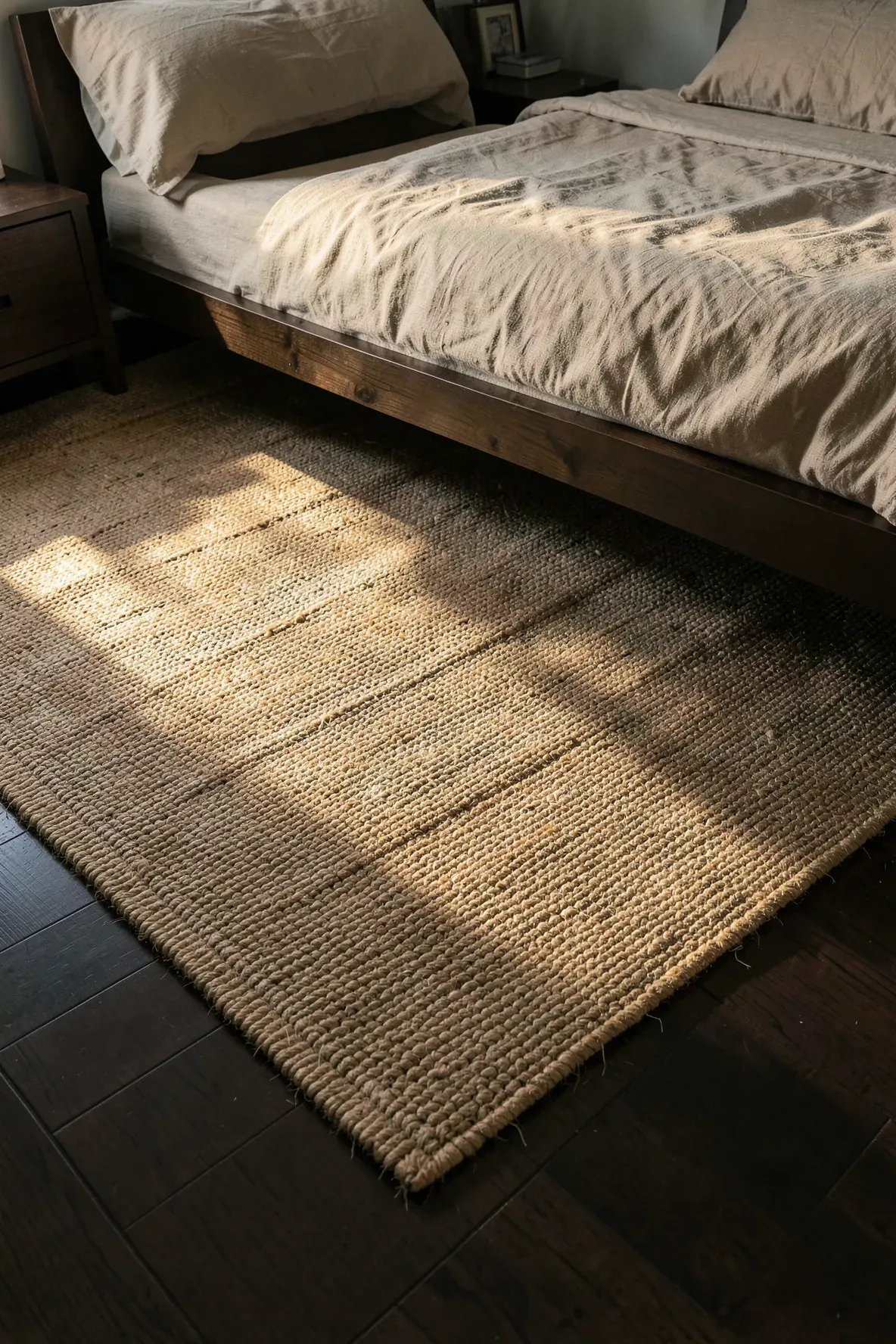 A tan natural jute rug layered over dark hardwood floors in a moody, textured bedroom.