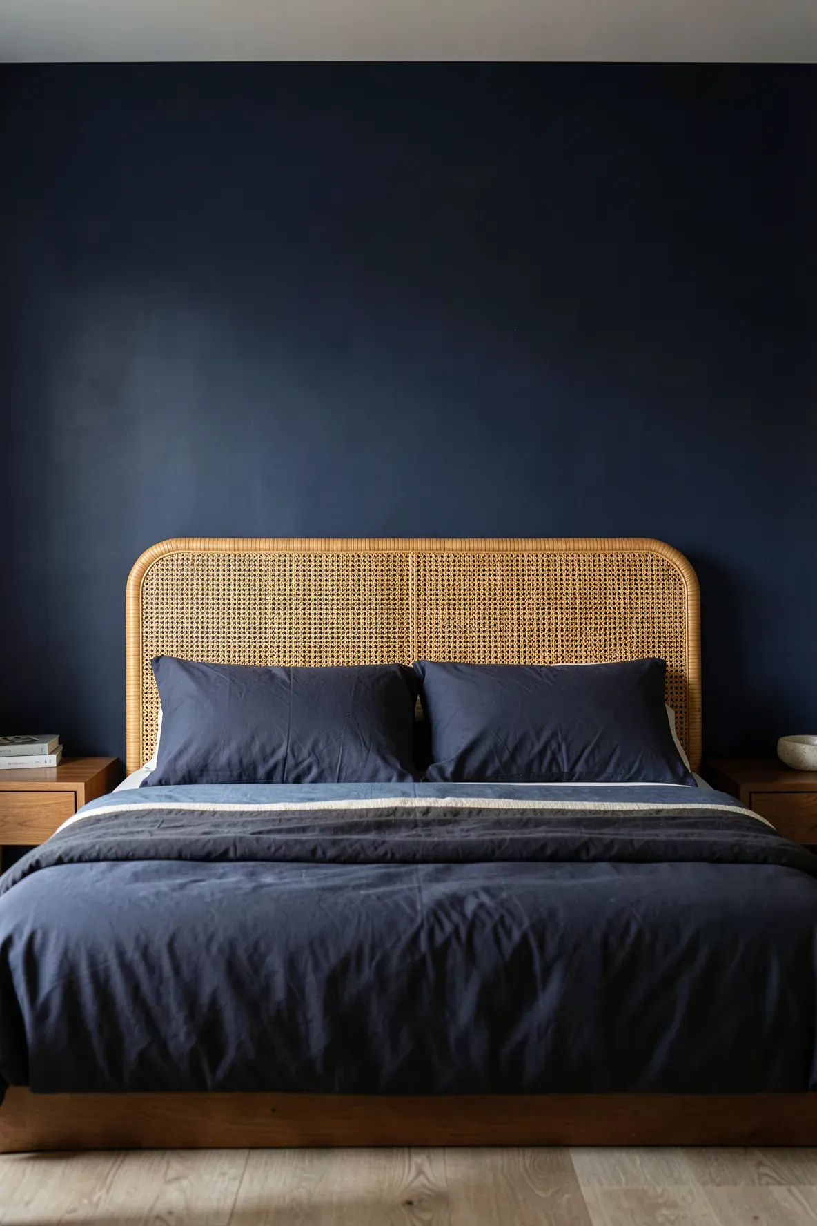A woven rattan headboard against a dark navy blue wall in a moody, natural bedroom.