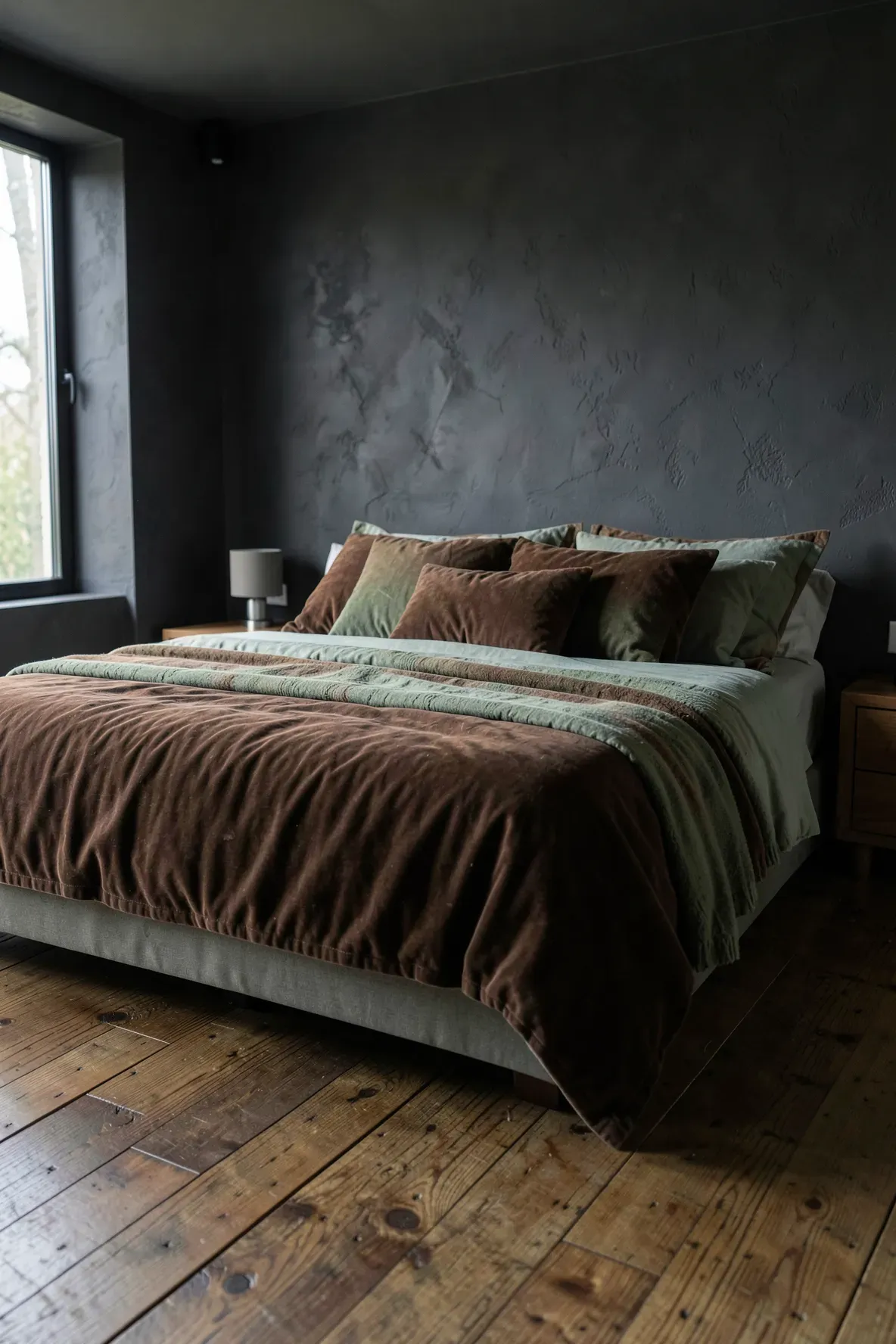 A moody bedroom with a bed featuring layered chocolate brown and sage green pillows against dark walls.