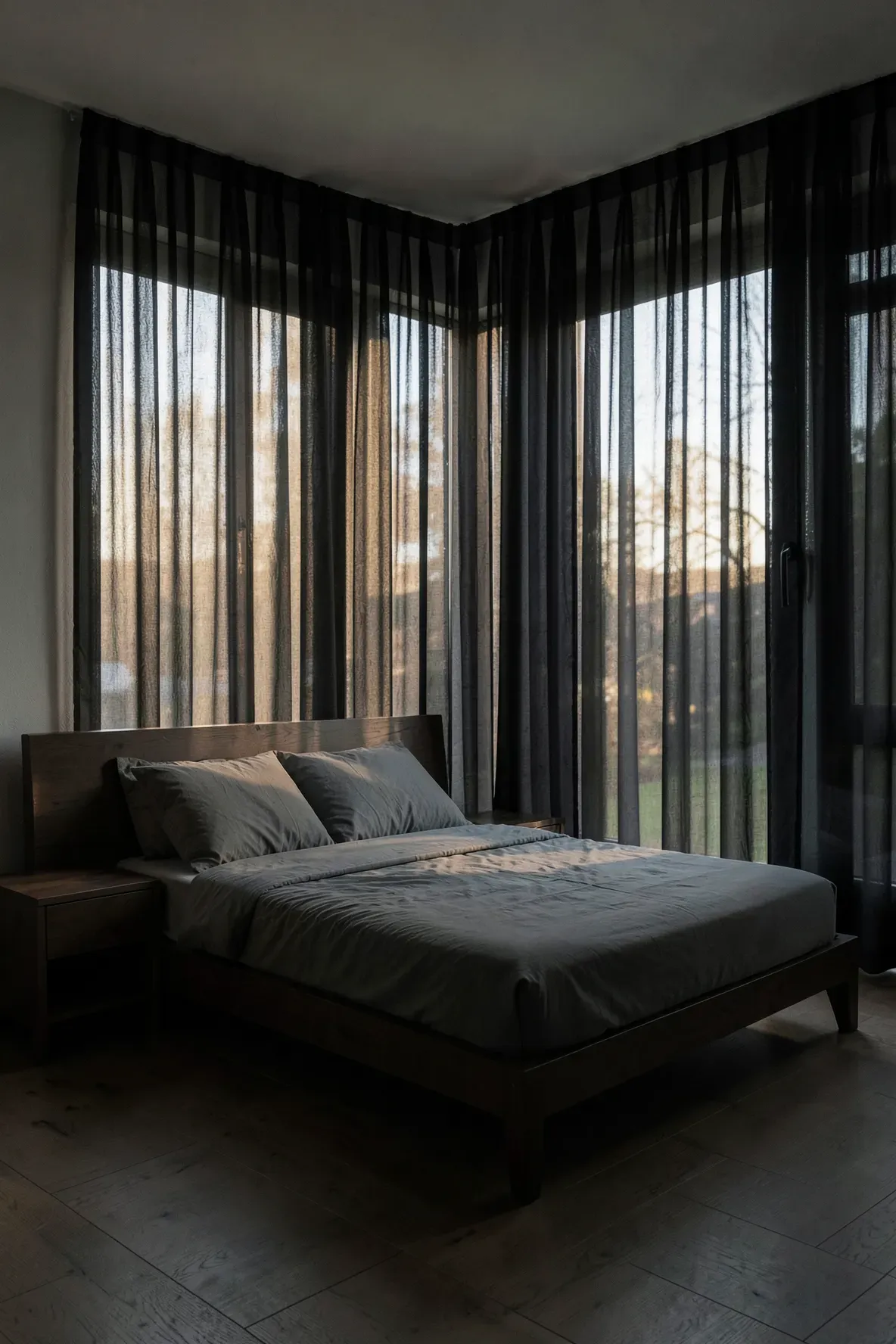 Sheer black curtains filtering sunlight into a dark, moody bedroom with natural wood accents.