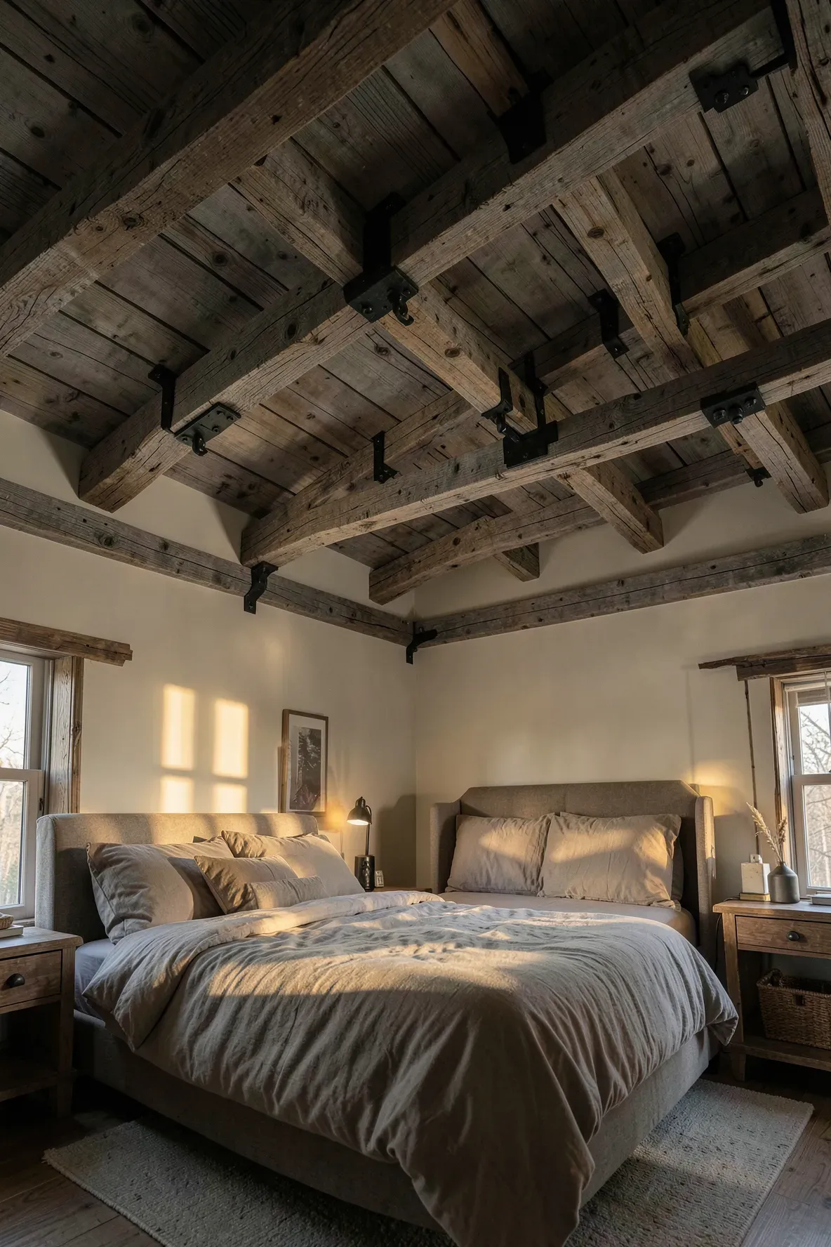 Reclaimed wood ceiling beams with black iron hardware in a rustic, moody natural bedroom.