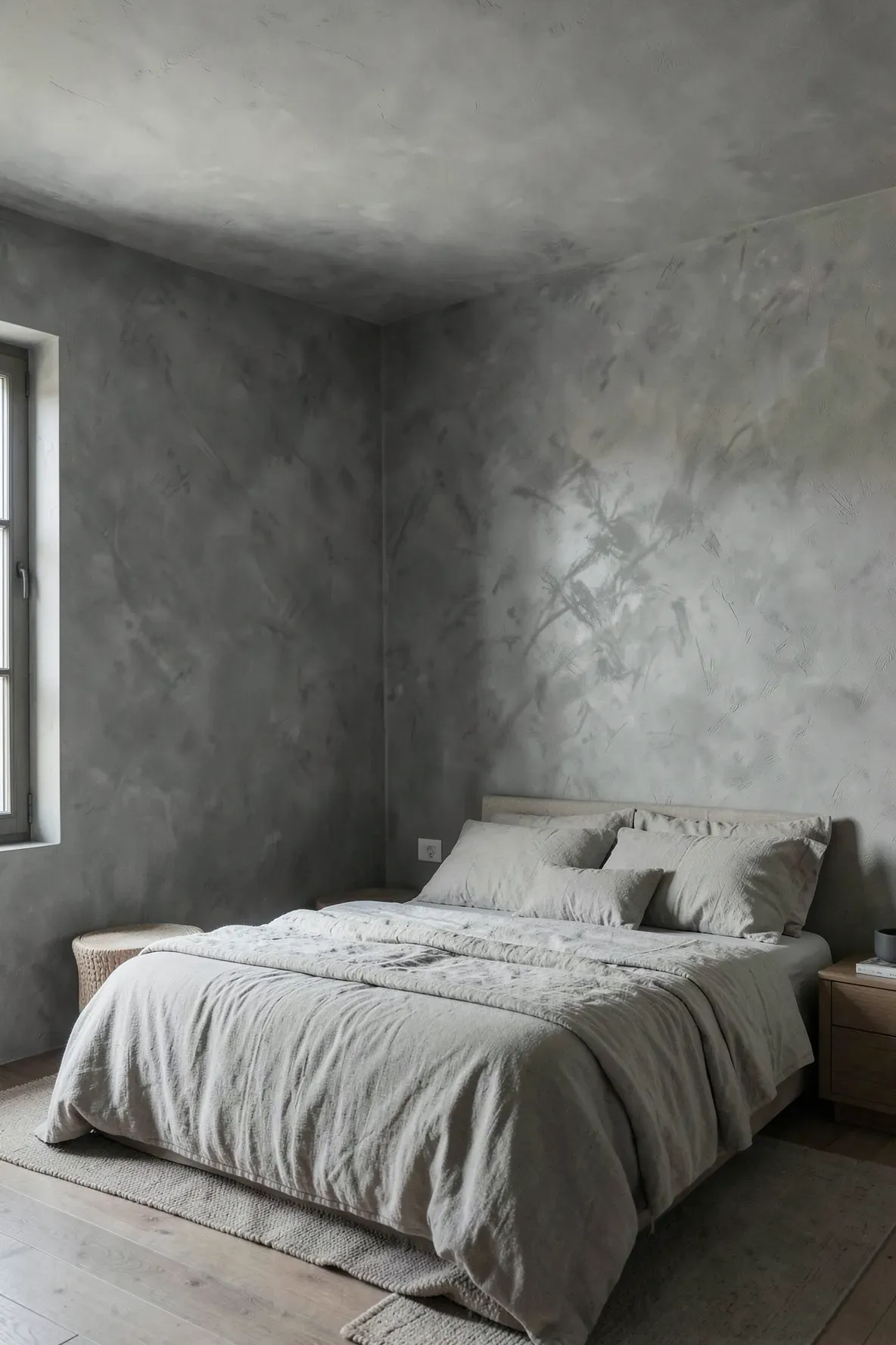 Textured stone gray limewash walls in a moody, minimalist bedroom with organic decor.