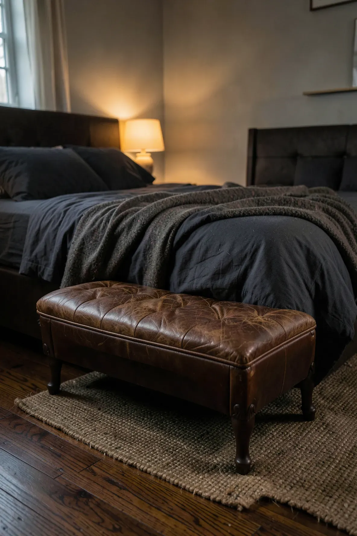 A vintage cognac leather bench at the foot of a bed in a moody, cozy bedroom.