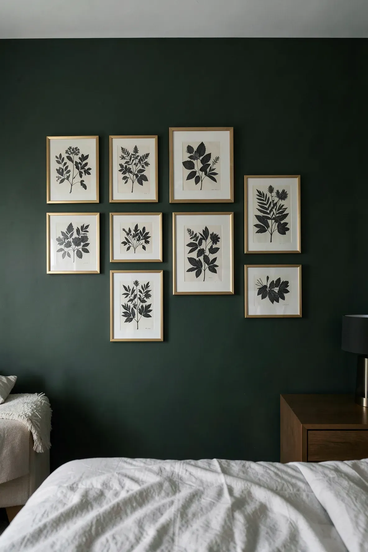 Brass picture frames with moody botanical prints on a dark green wall in a natural bedroom.