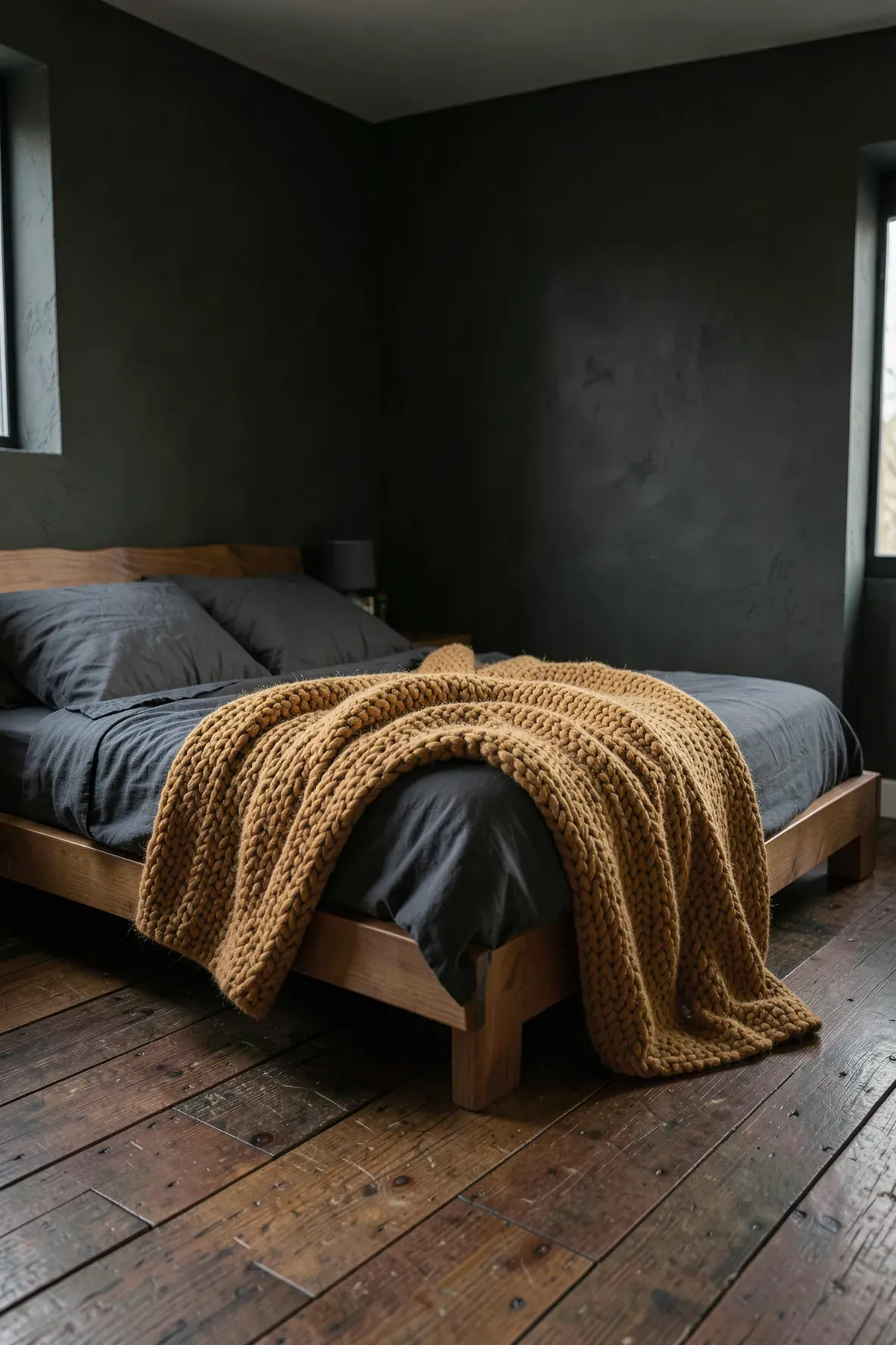 A dark moody bedroom featuring a chunky deep ochre wool blanket draped over charcoal linen bedding.