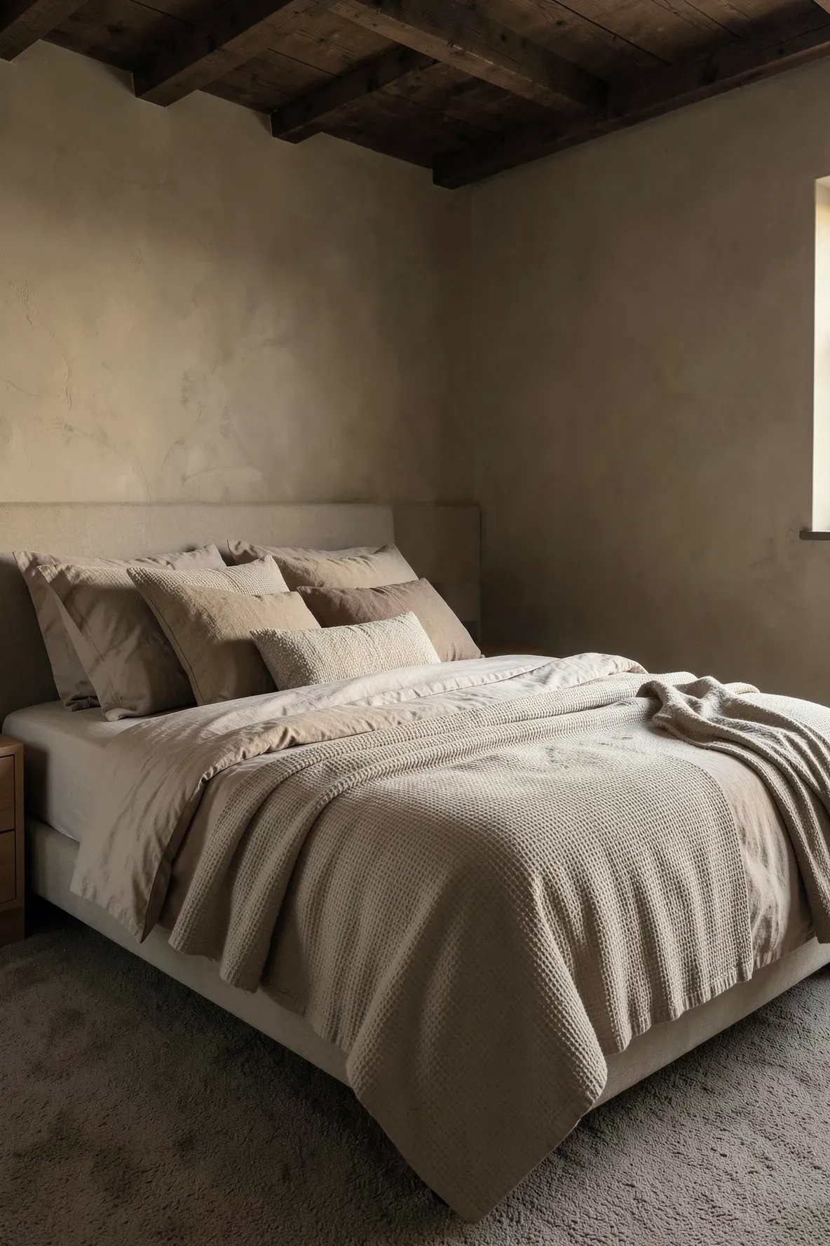 A serene bedroom with layered bedding in shades of beige, tan, and mushroom for a moody neutral look.