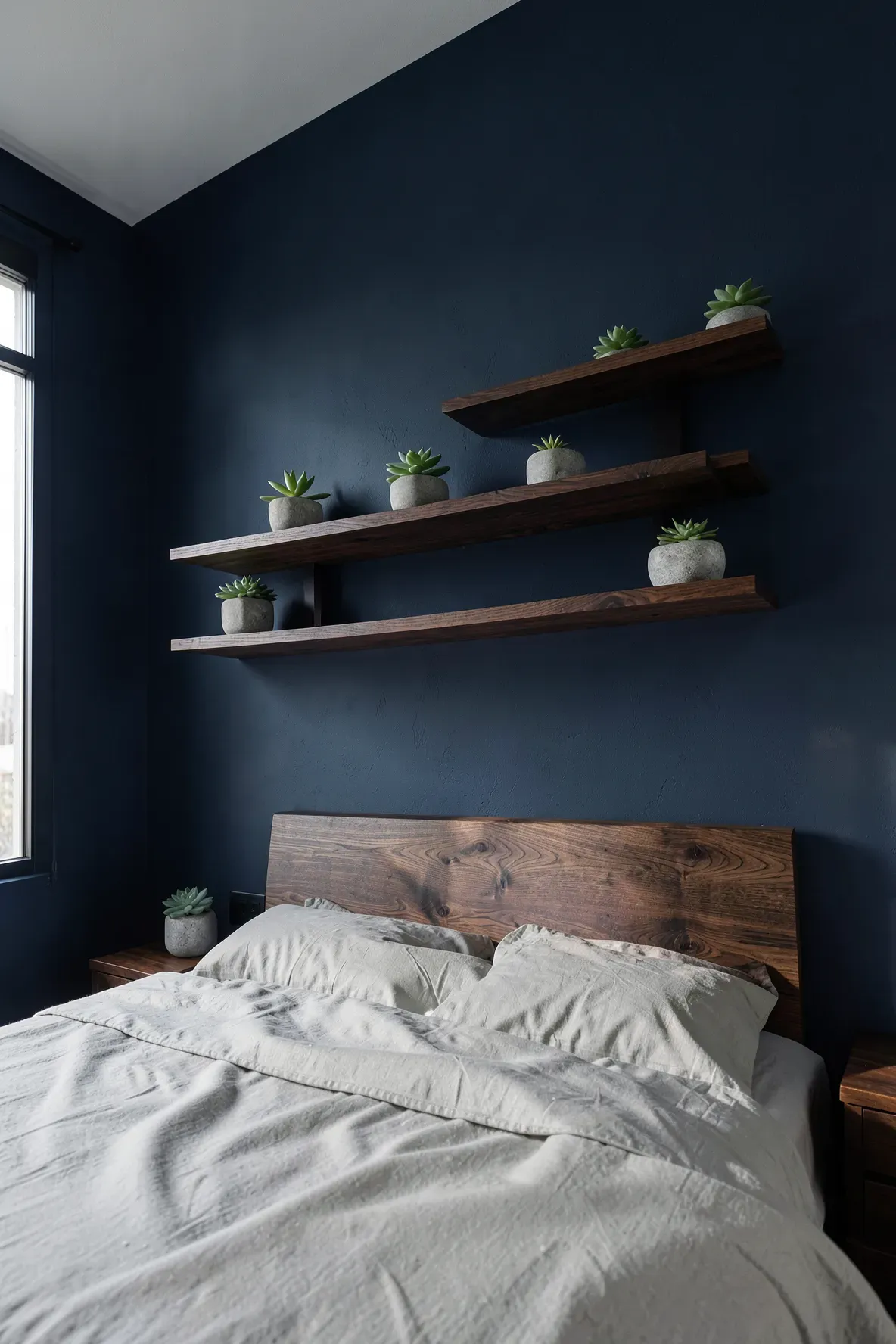 Dark walnut floating shelves with small green succulents against a moody navy blue bedroom wall.