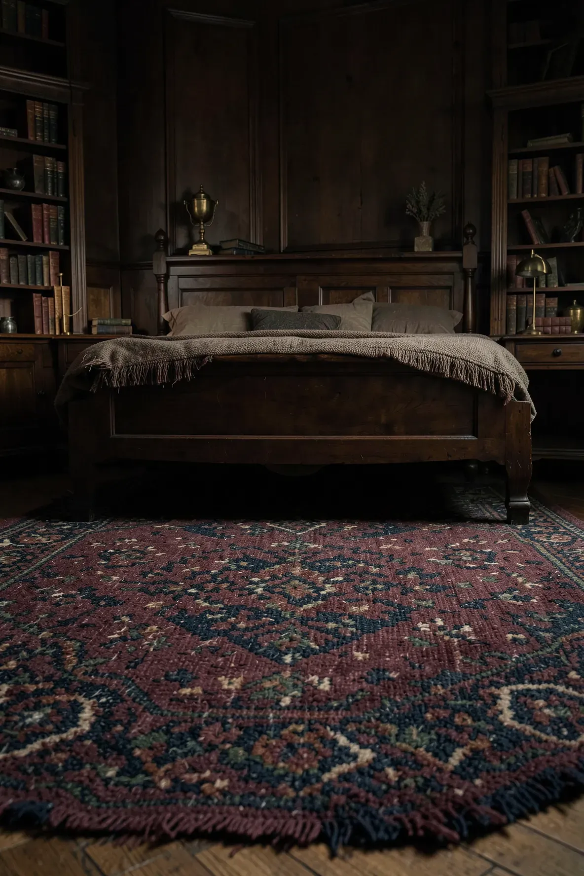 A vintage hand-knotted rug in muted burgundy and navy tones in a dark, moody bedroom.