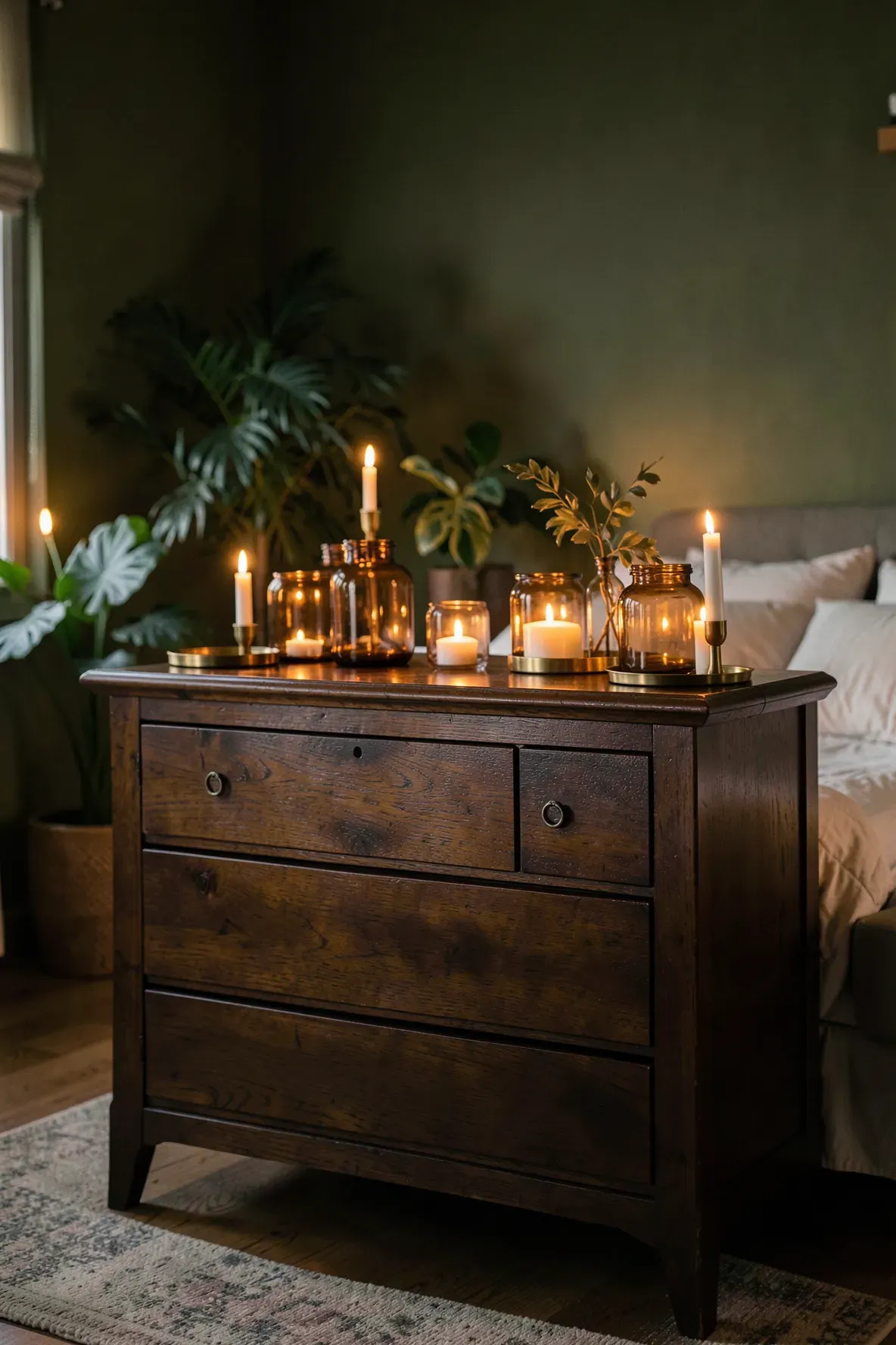 Amber glass candle holders providing a warm glow on a dark wood dresser in a moody bedroom.