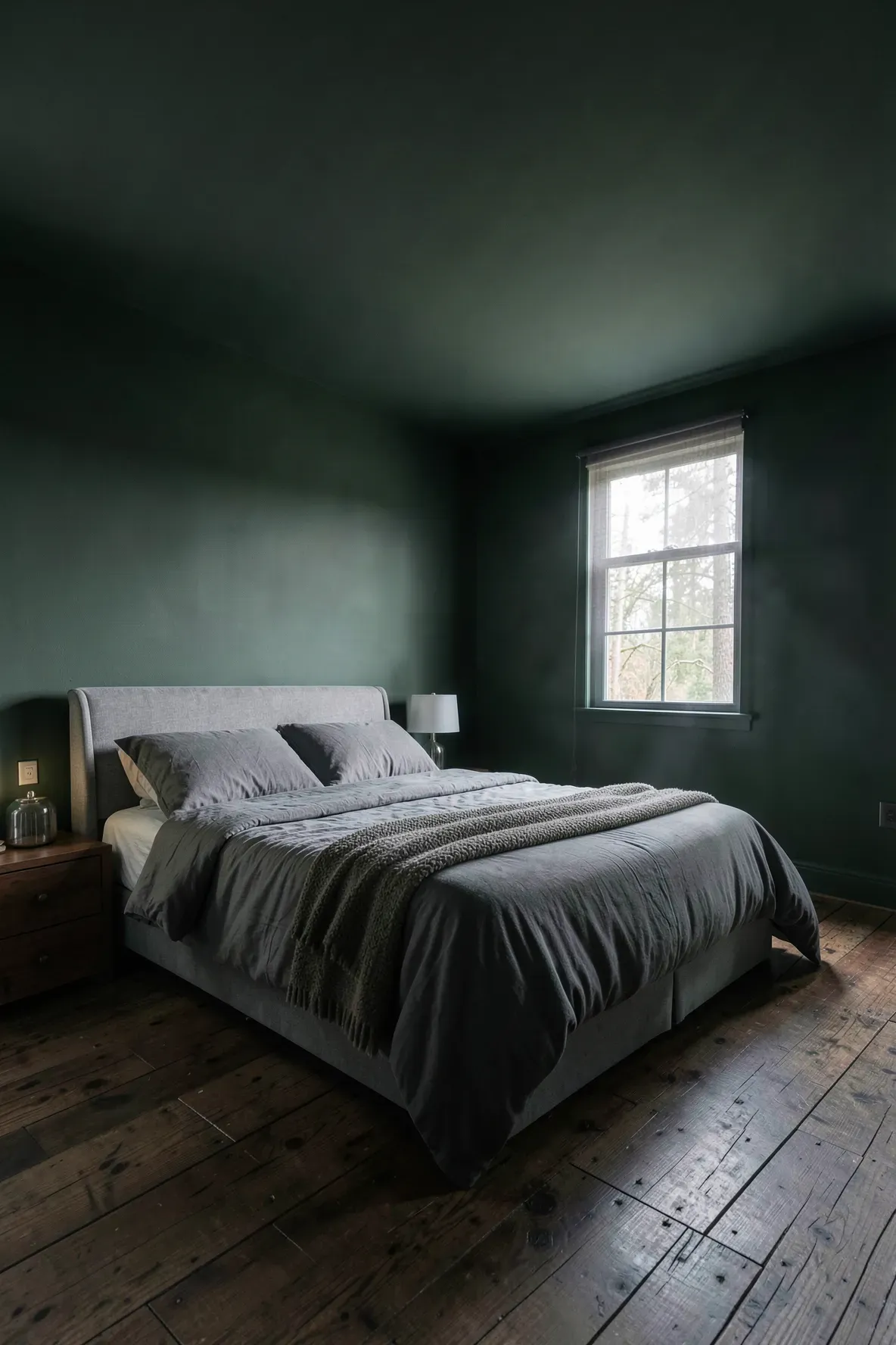 A moody bedroom with deep forest green matte walls and dark wood flooring.
