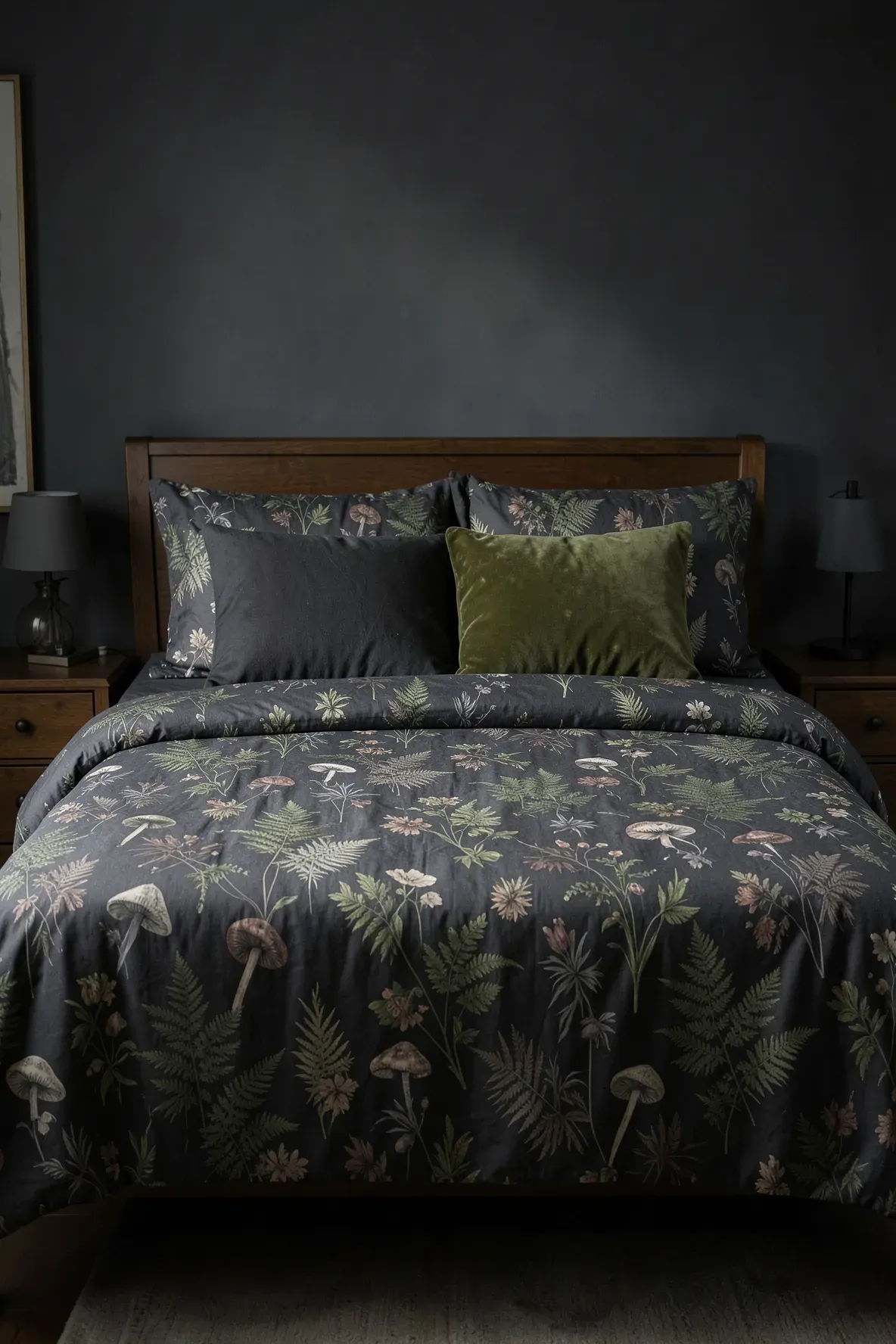 Botanical fern and mushroom print bedding on a bed in a dark, moody room.