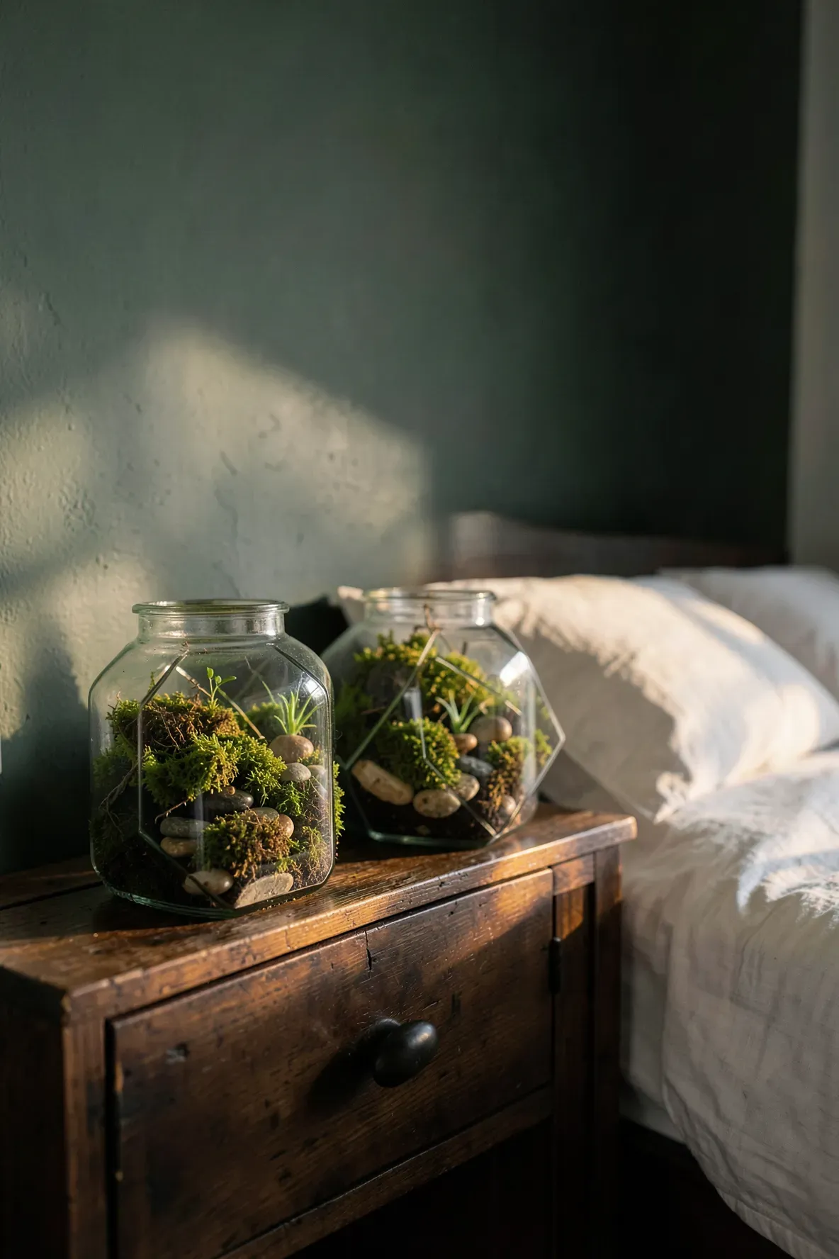 Glass moss terrariums sitting on a dark wood nightstand in a nature-themed bedroom.
