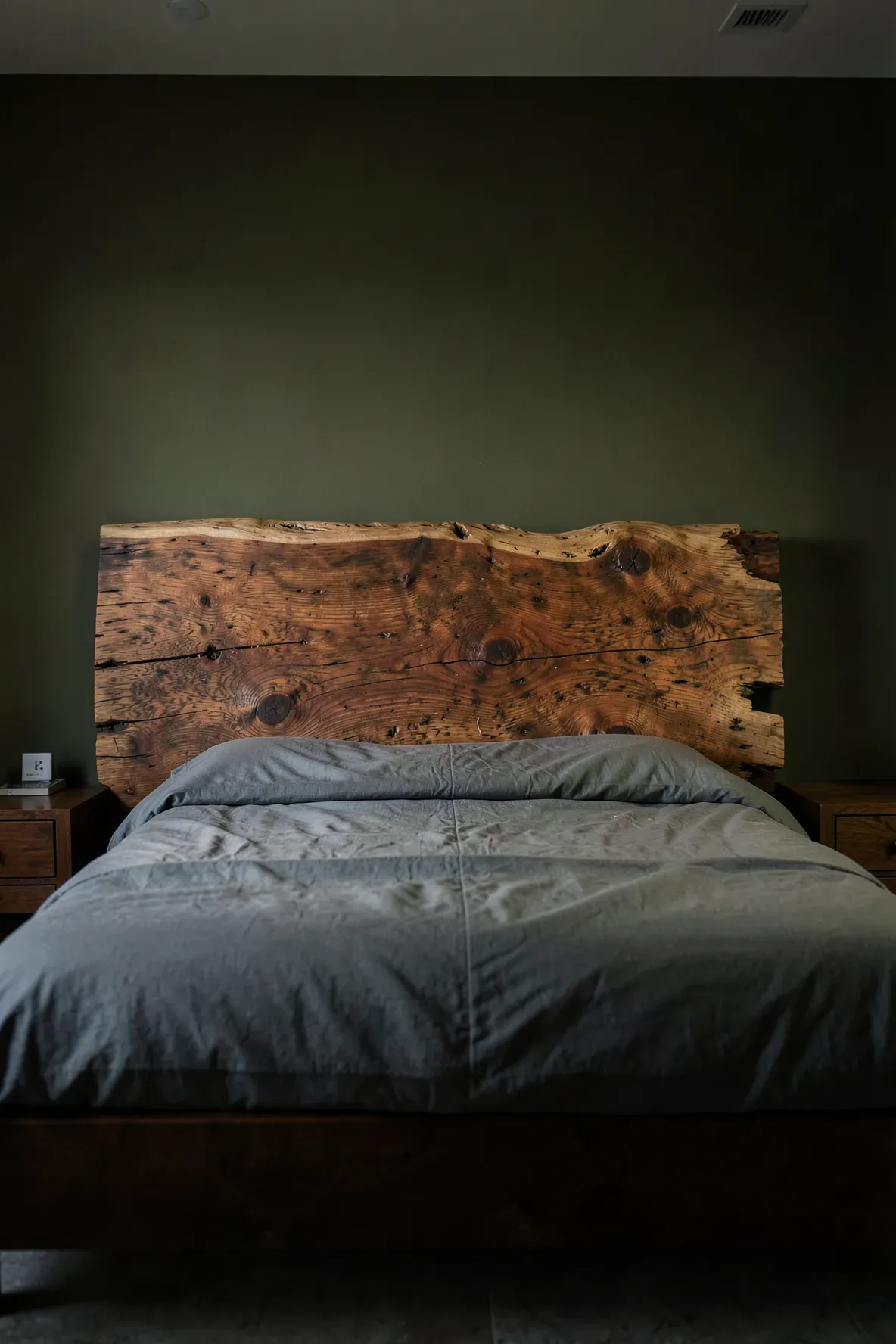 A rustic reclaimed wood headboard with natural edges against a dark green wall.