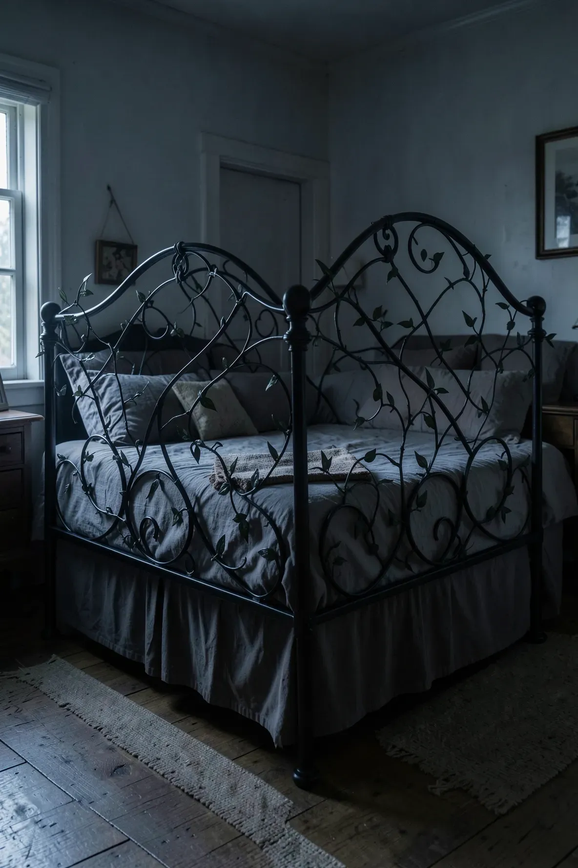 An elegant black wrought iron bed frame with vine details in a dark room.