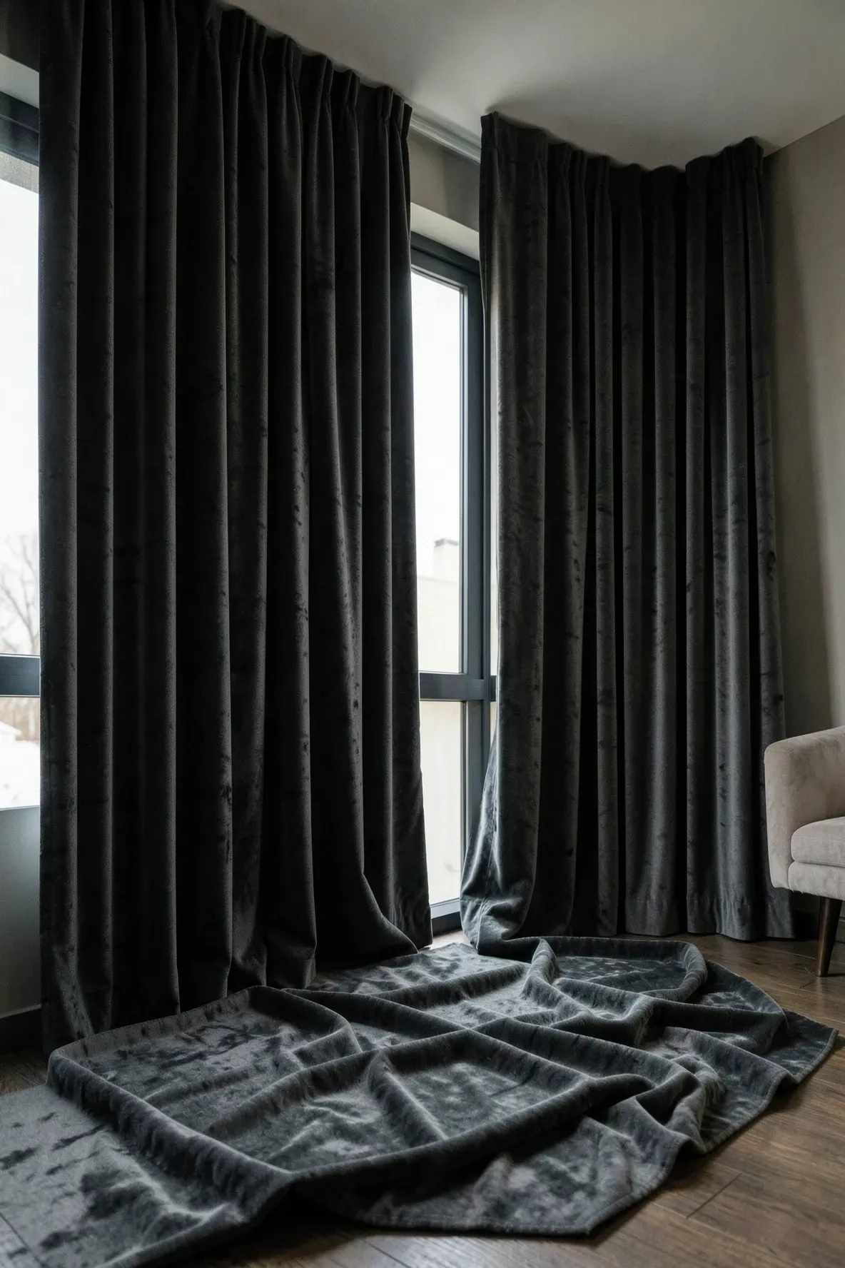 Heavy charcoal velvet curtains draping onto the floor in a dark, cozy bedroom.