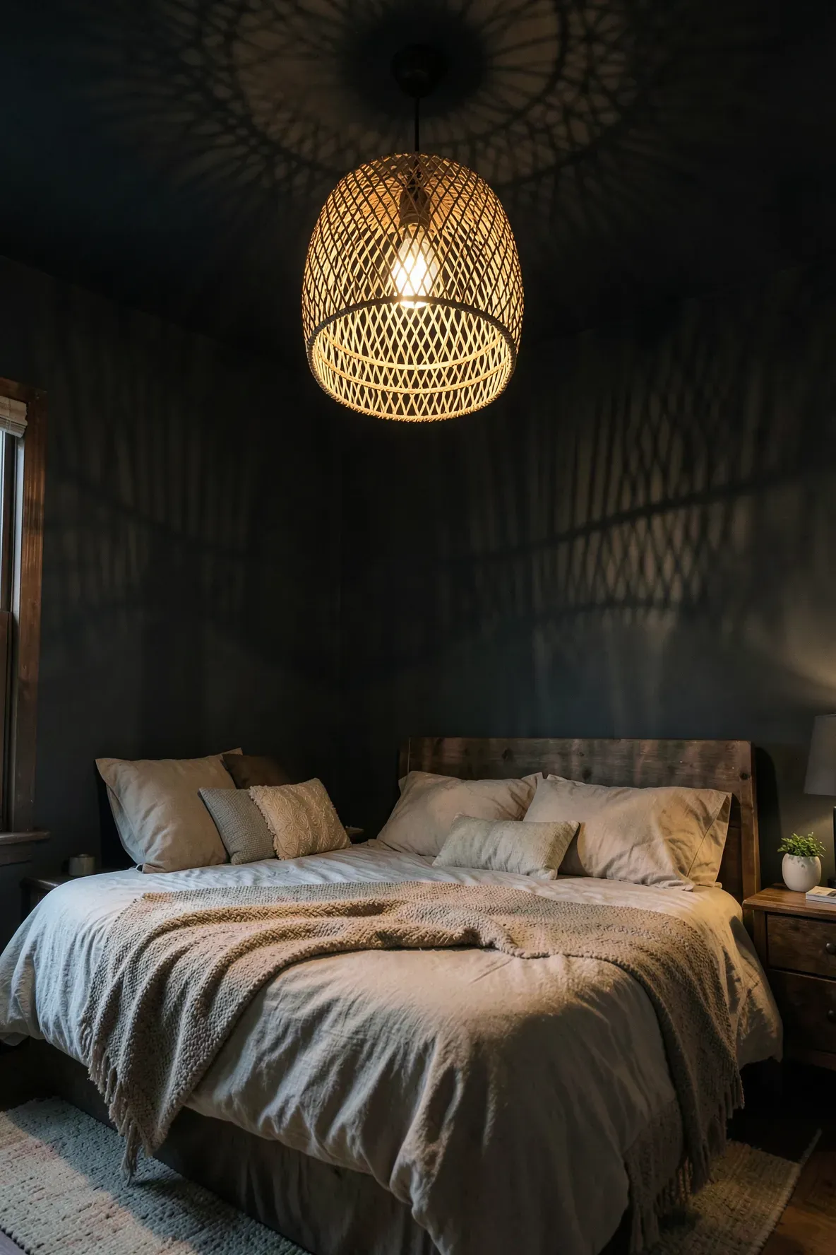 A woven rattan pendant light hanging from a dark ceiling, casting shadows.