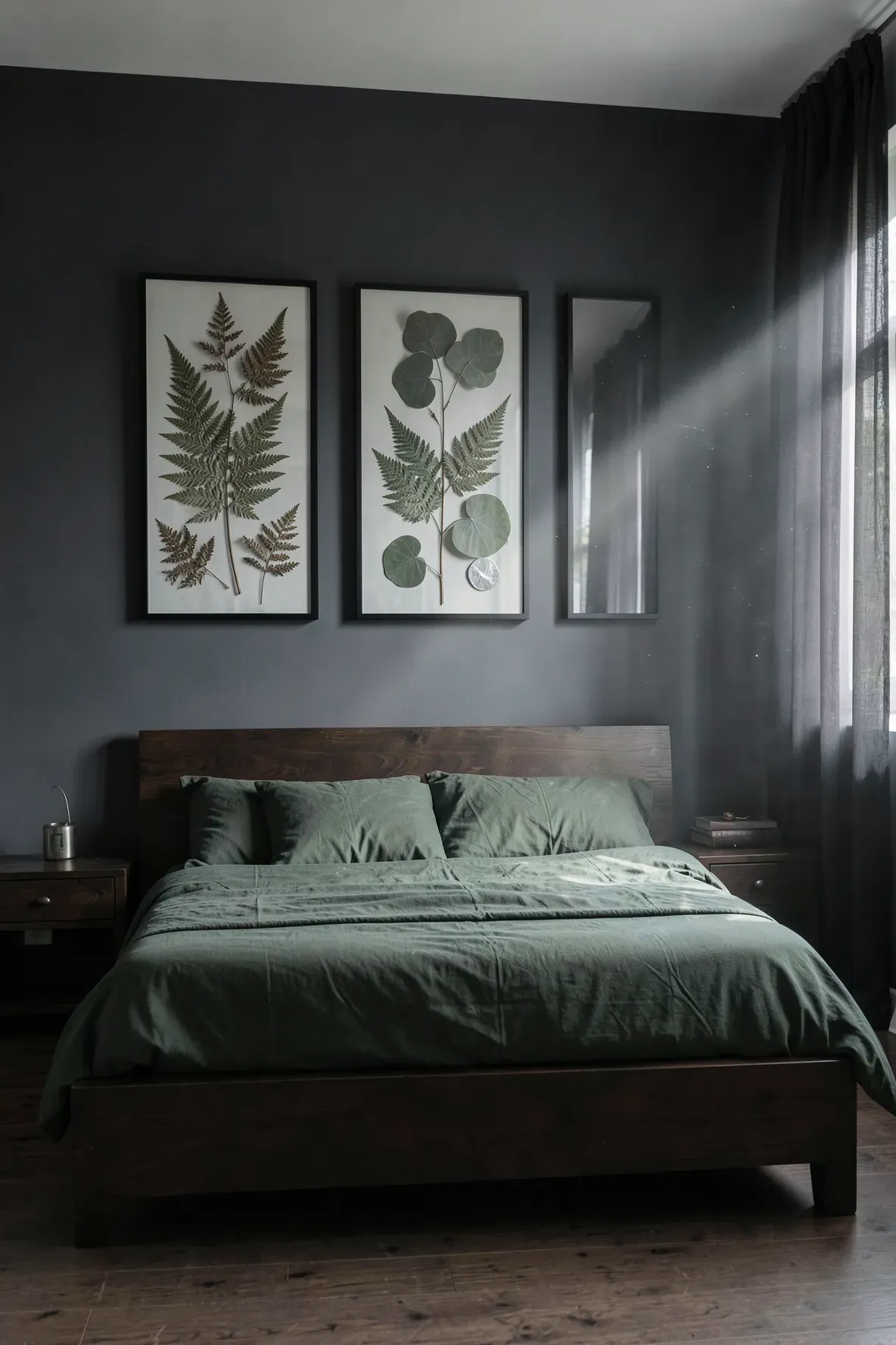 A moody bedroom with dark walls featuring framed dried ferns and eucalyptus leaves above the bed.