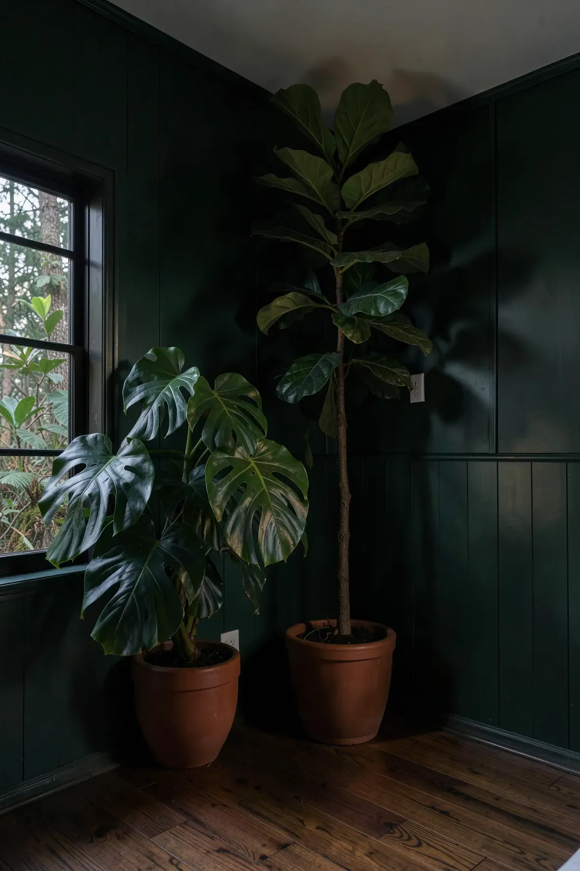 A tall Monstera plant in the corner of a dark green bedroom with moody, soft lighting.