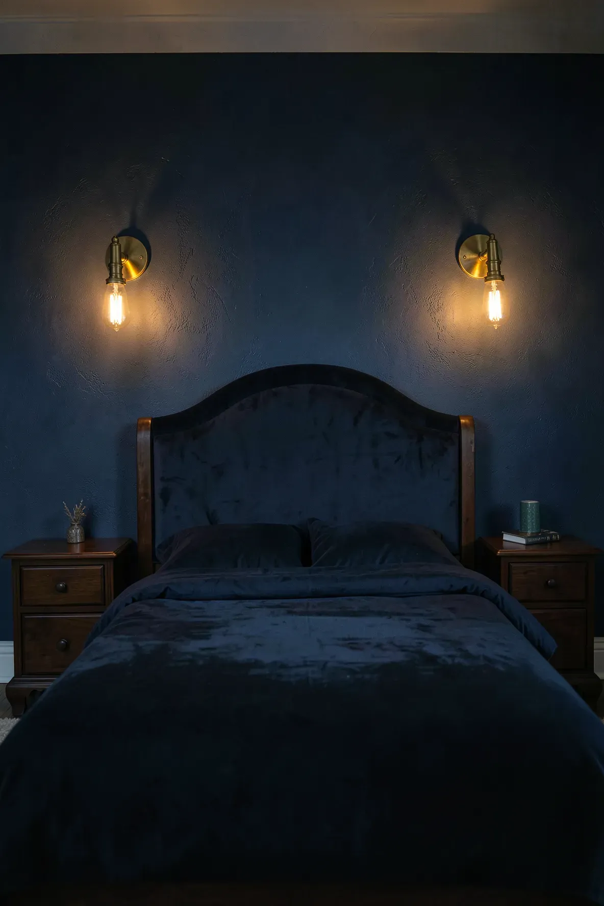 Warm Edison bulbs in brass sconces lighting up a dark navy bedroom with a cozy atmosphere.