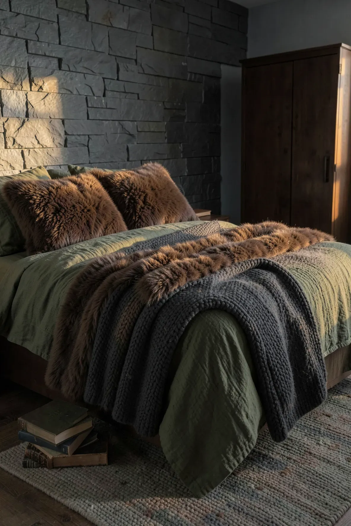 A bed with thick faux fur and knitted blankets in a dark, cozy forest-themed bedroom.