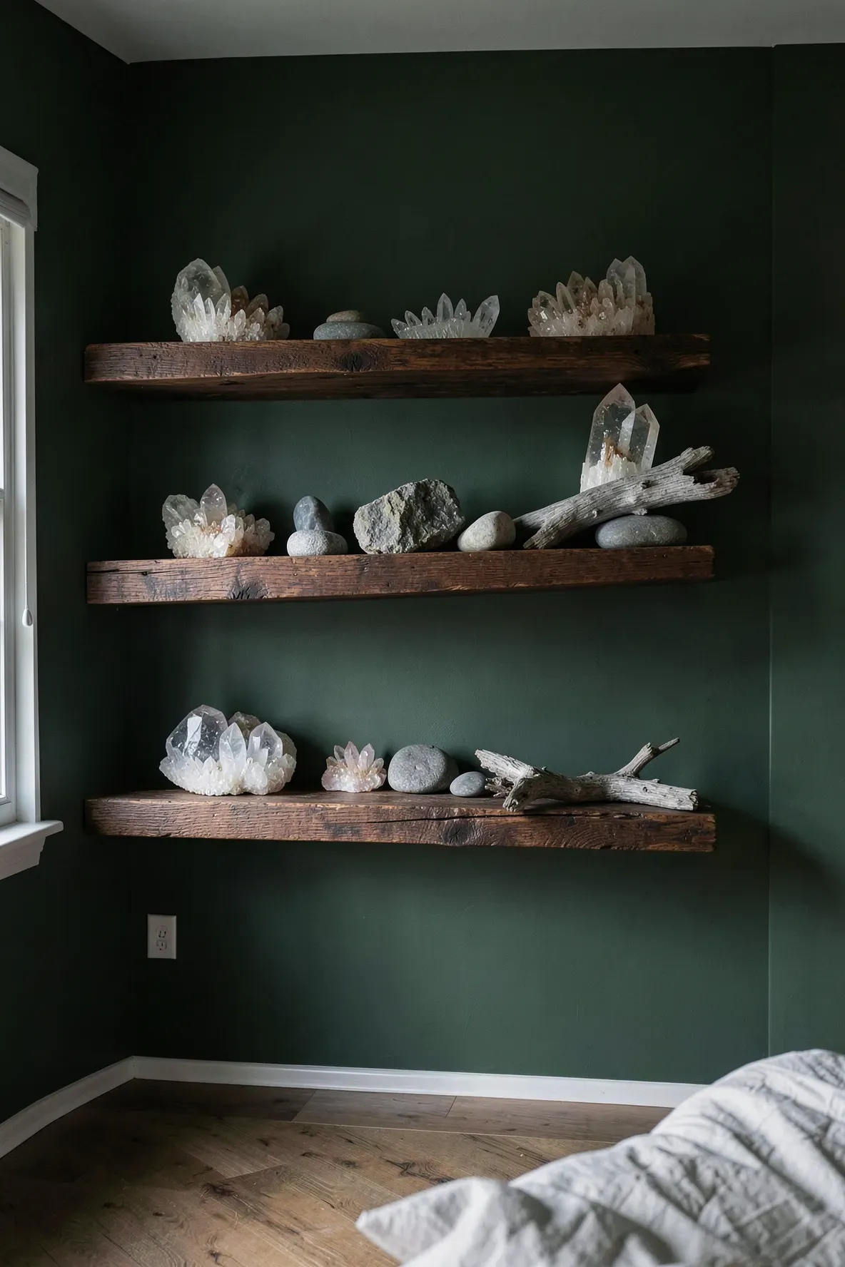 Dark wood floating shelves holding crystals and stones against a deep green bedroom wall.