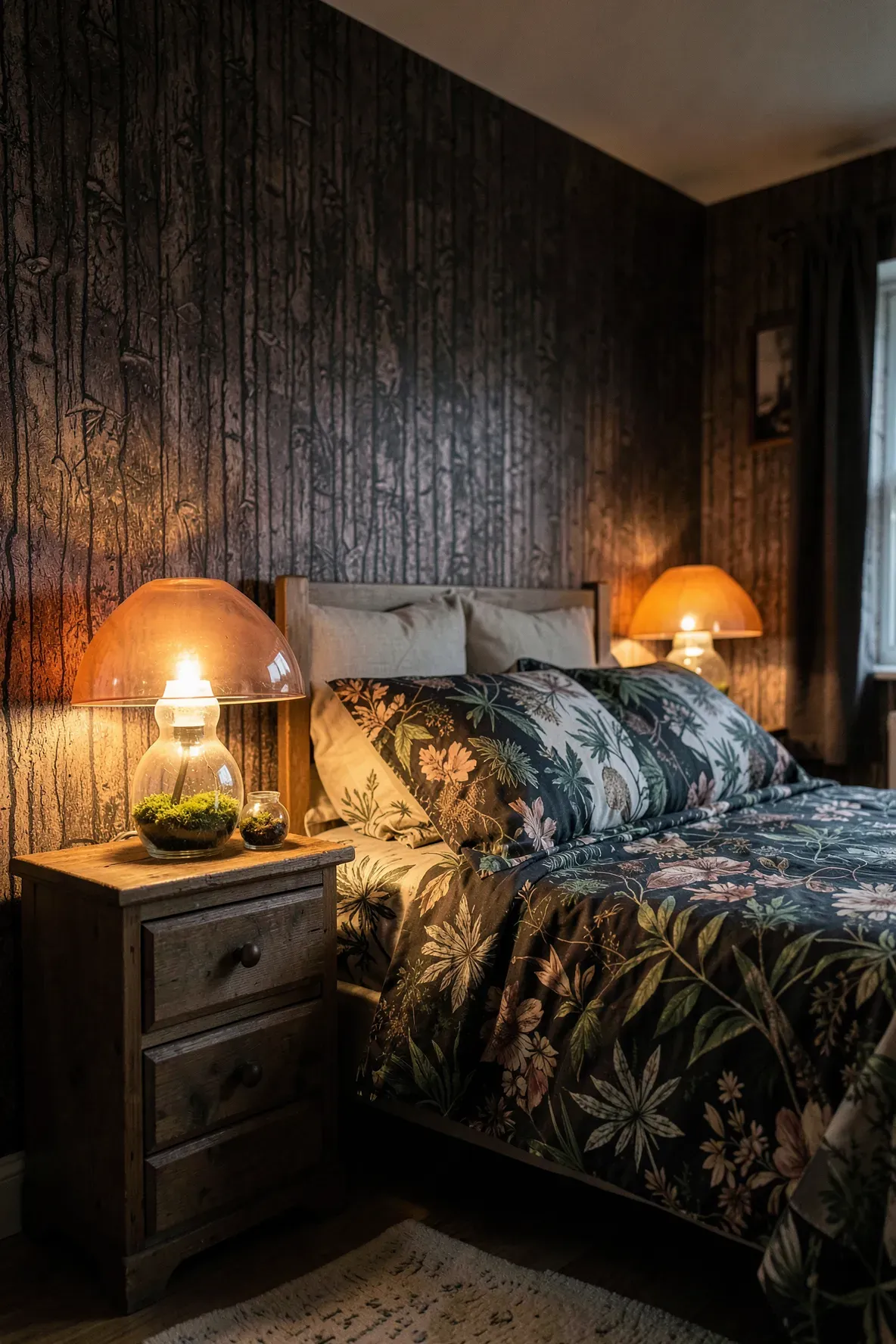 A glass mushroom lamp glowing with warm light on a nightstand in a dark nature bedroom.