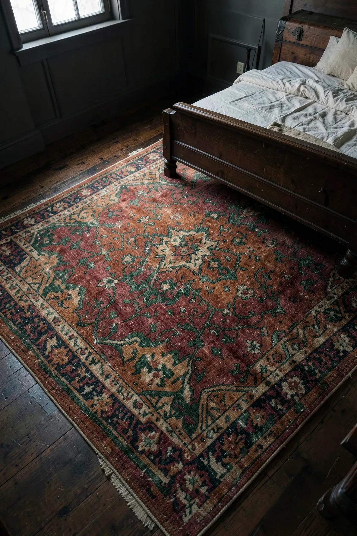 A large faded Oriental rug with red and green tones on a dark wood floor in a bedroom.