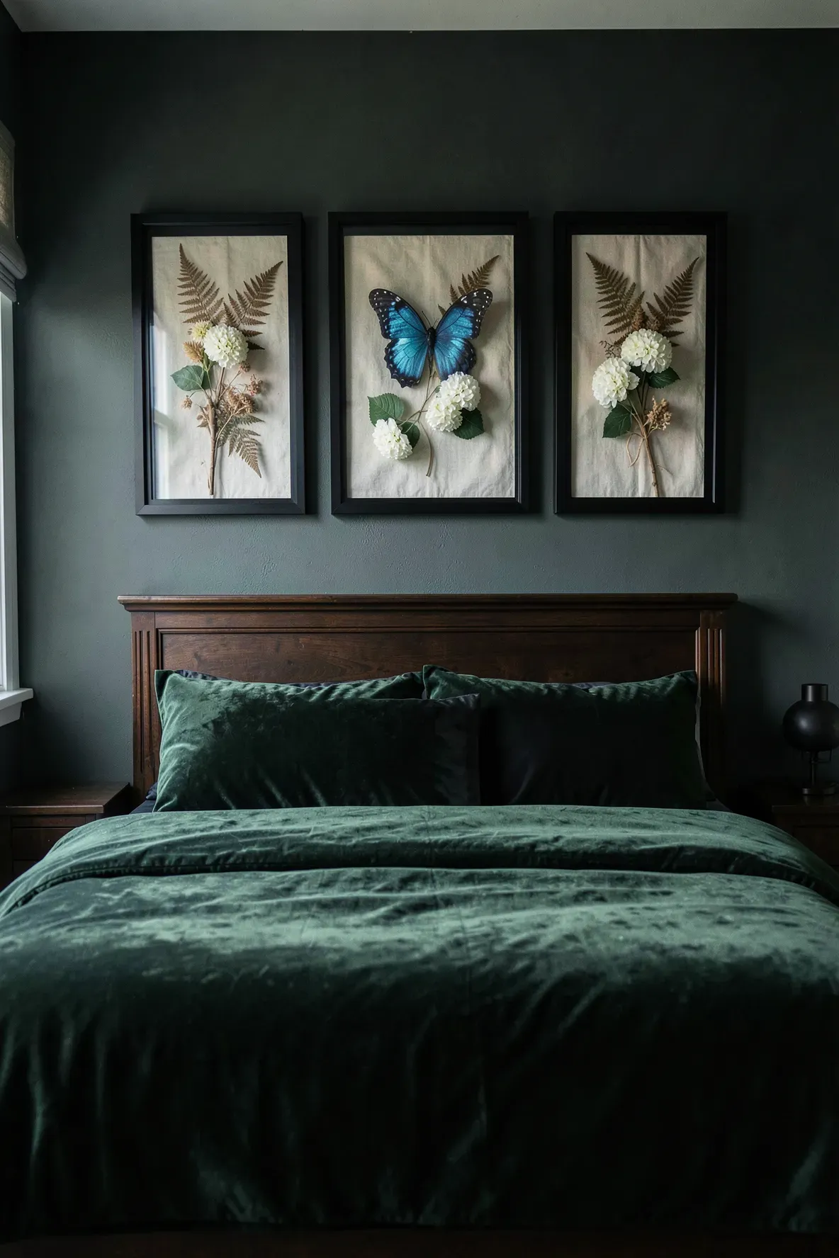 A moody bedroom with black shadow boxes displaying pressed flowers on a dark charcoal wall.