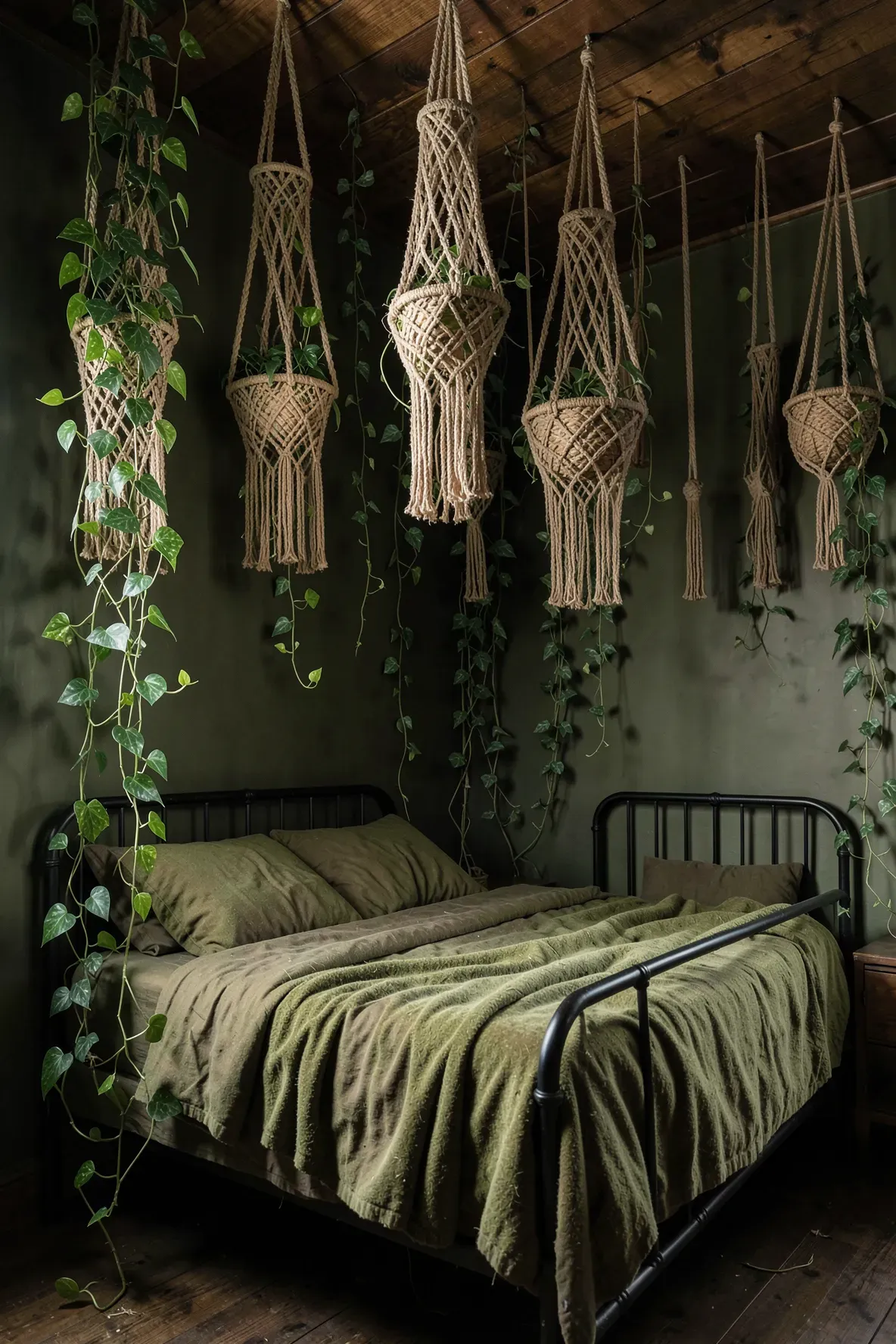 Macramé plant holders with trailing ivy hanging in a dark olive green bedroom.