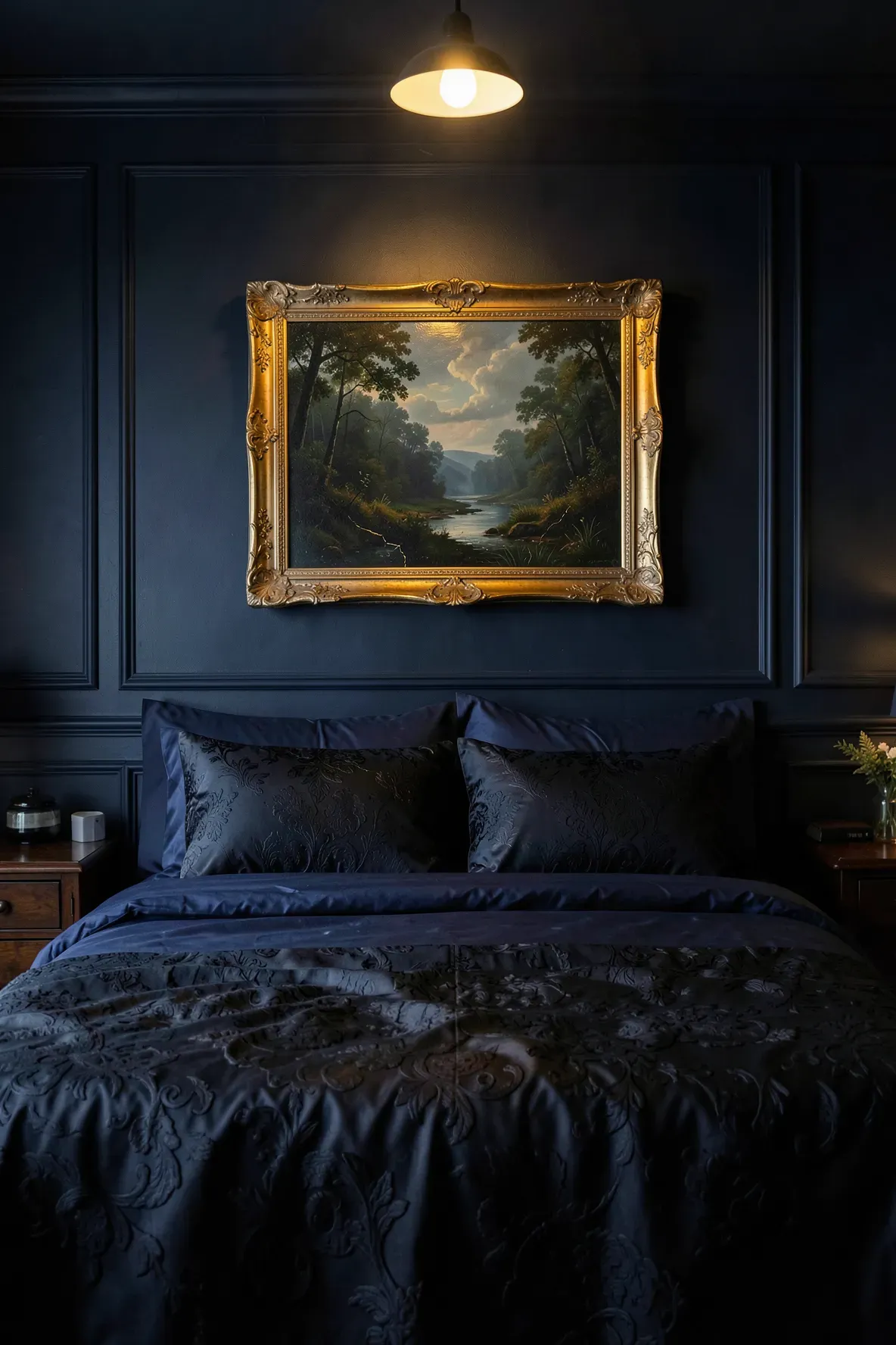 A large vintage oil painting of a forest in a gold frame above a bed in a dark navy room.
