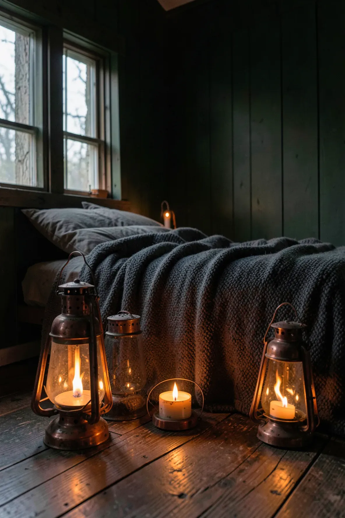Warm copper lanterns with glowing candles placed on the floor of a dark green bedroom.