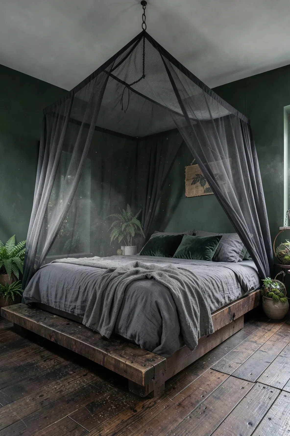 A moody bedroom with a sheer black canopy over a bed, dark walls, and green plants.