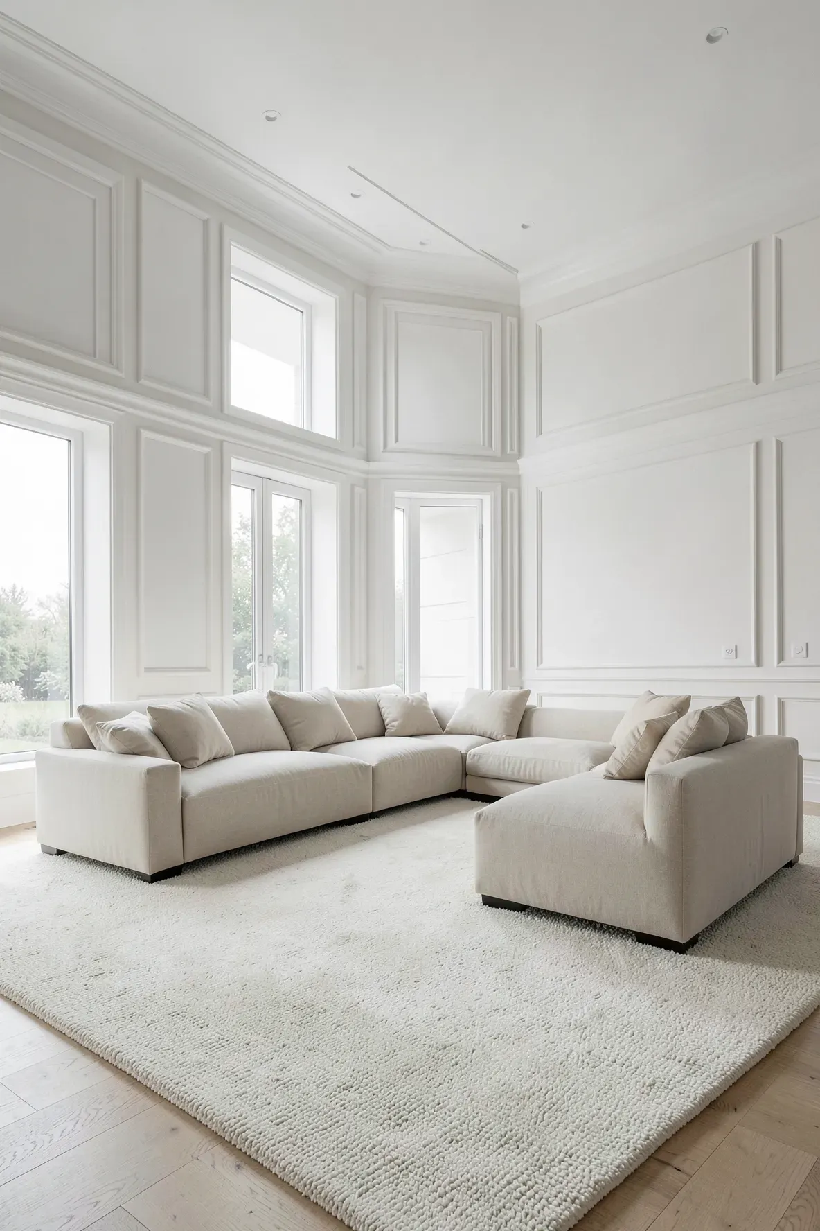 A large cream area rug placed under a matching beige sectional sofa in a bright, minimalist living room.