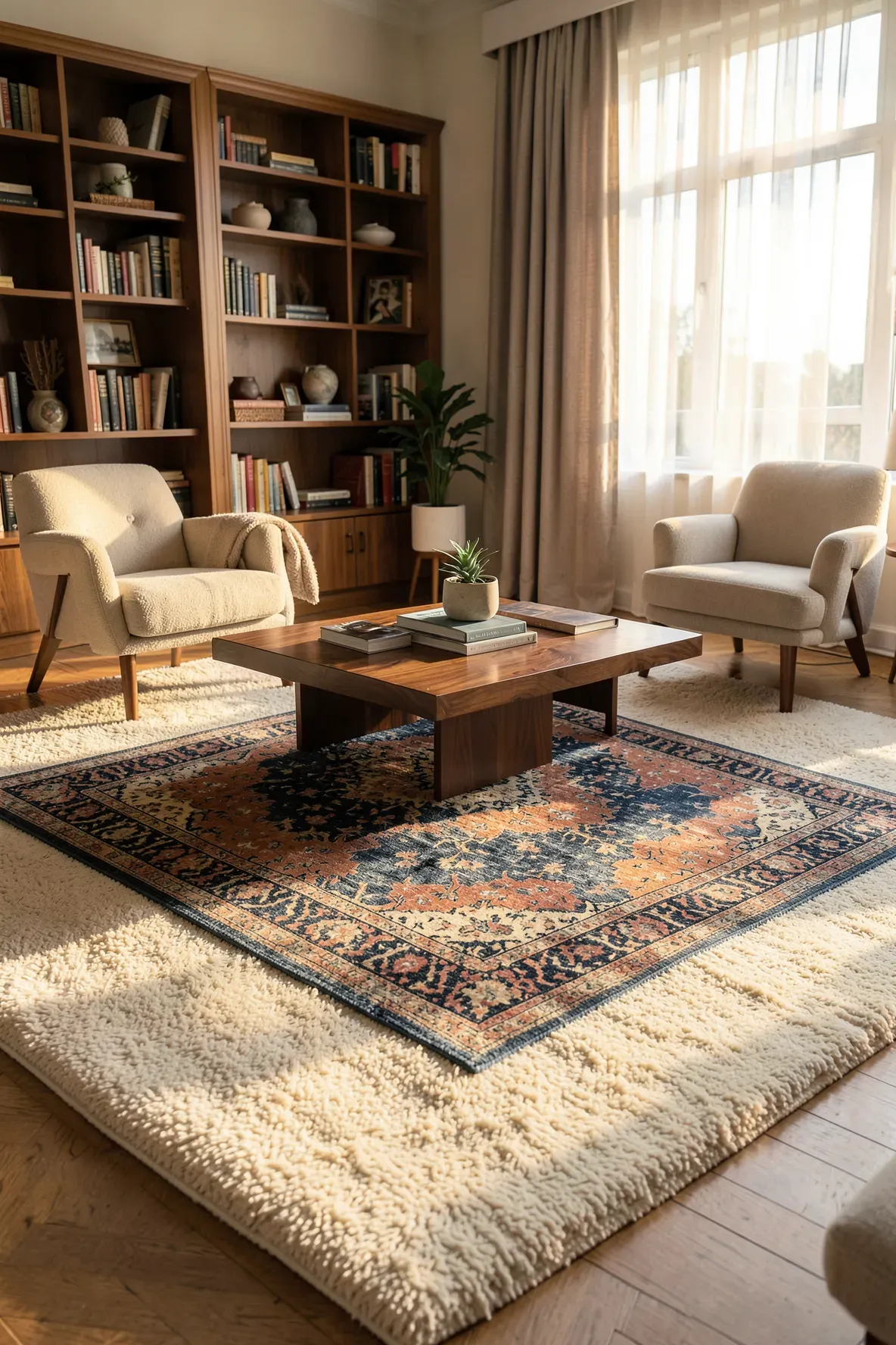 A small patterned vintage rug layered on top of a large cream area rug in a stylish living room.