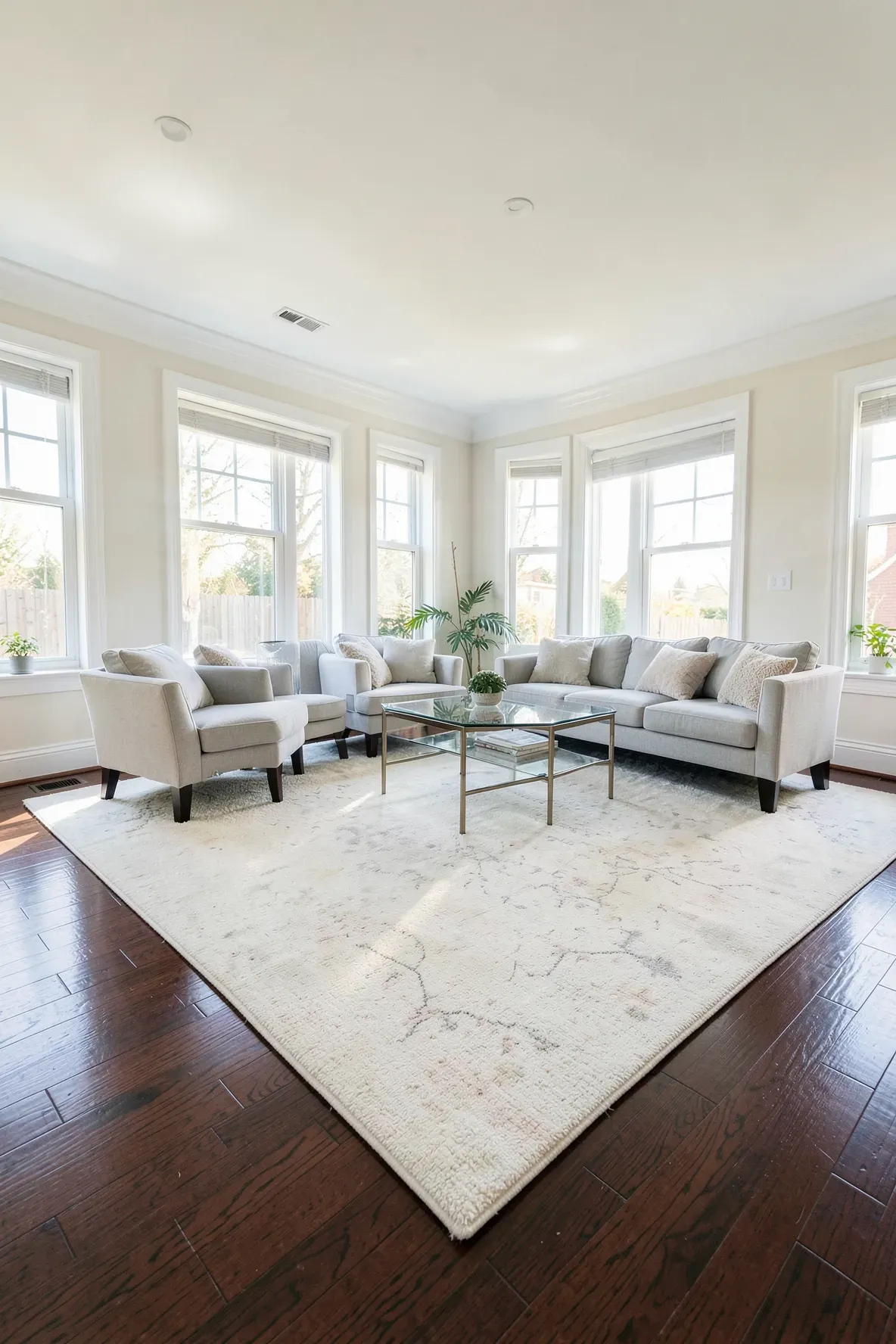 A bright ivory rug covering dark hardwood floors in a sunlit, airy living room.