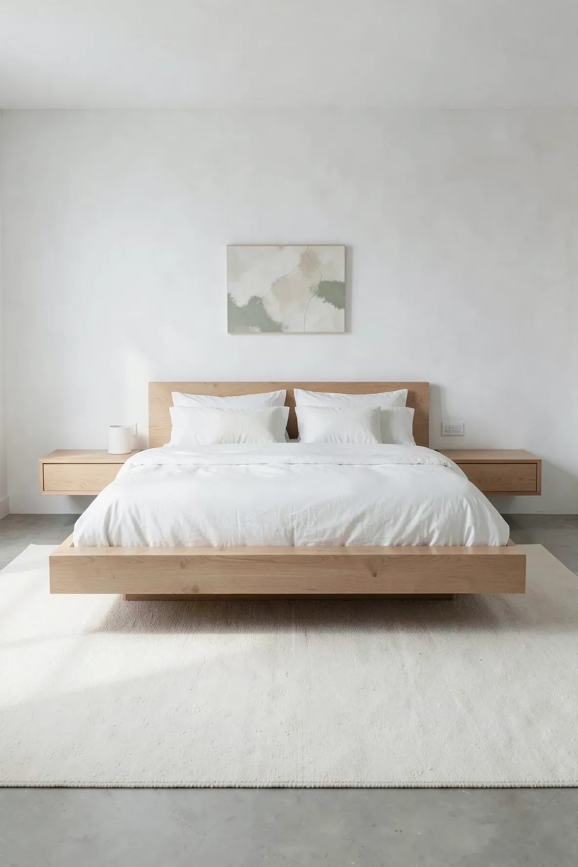 A cream rug placed under a bed in a clean, minimalist bedroom with light wood furniture.