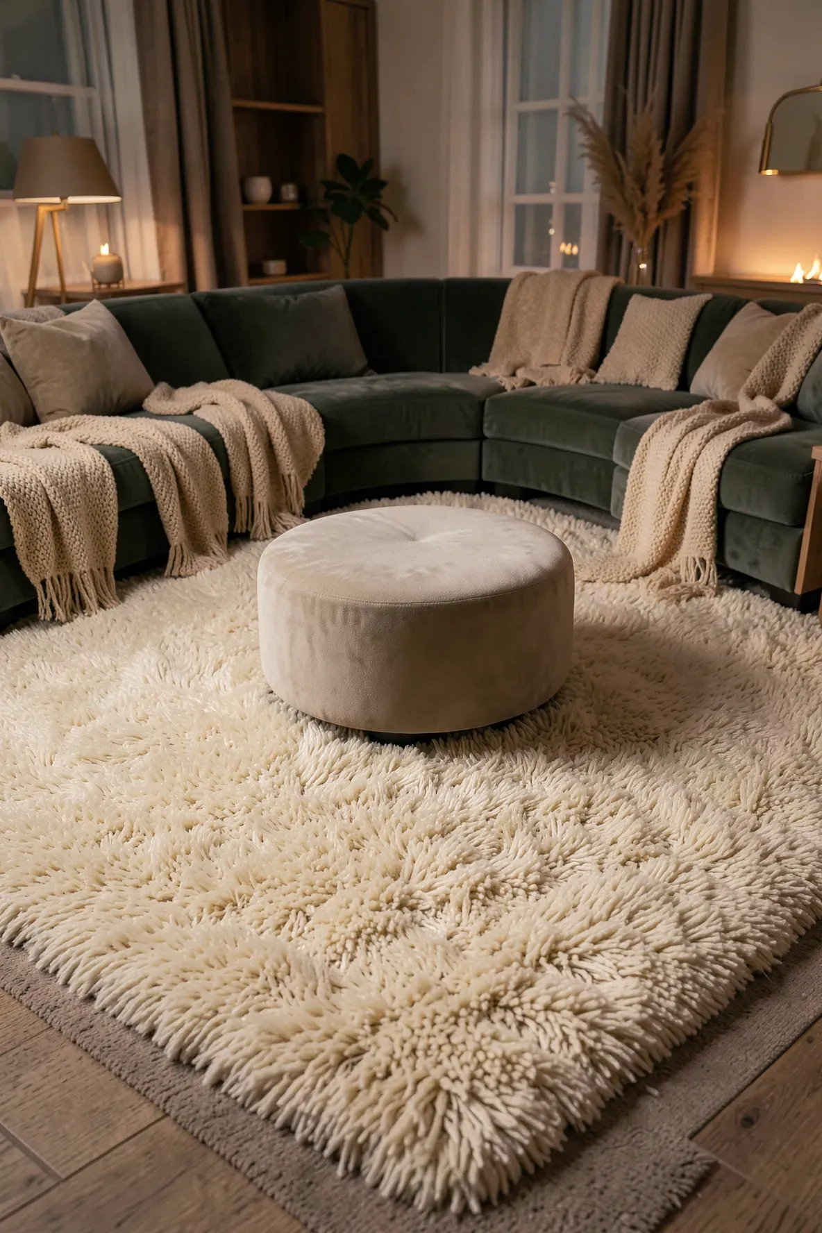 A thick, high-pile cream shag rug anchoring a cozy furniture arrangement in a modern living room.