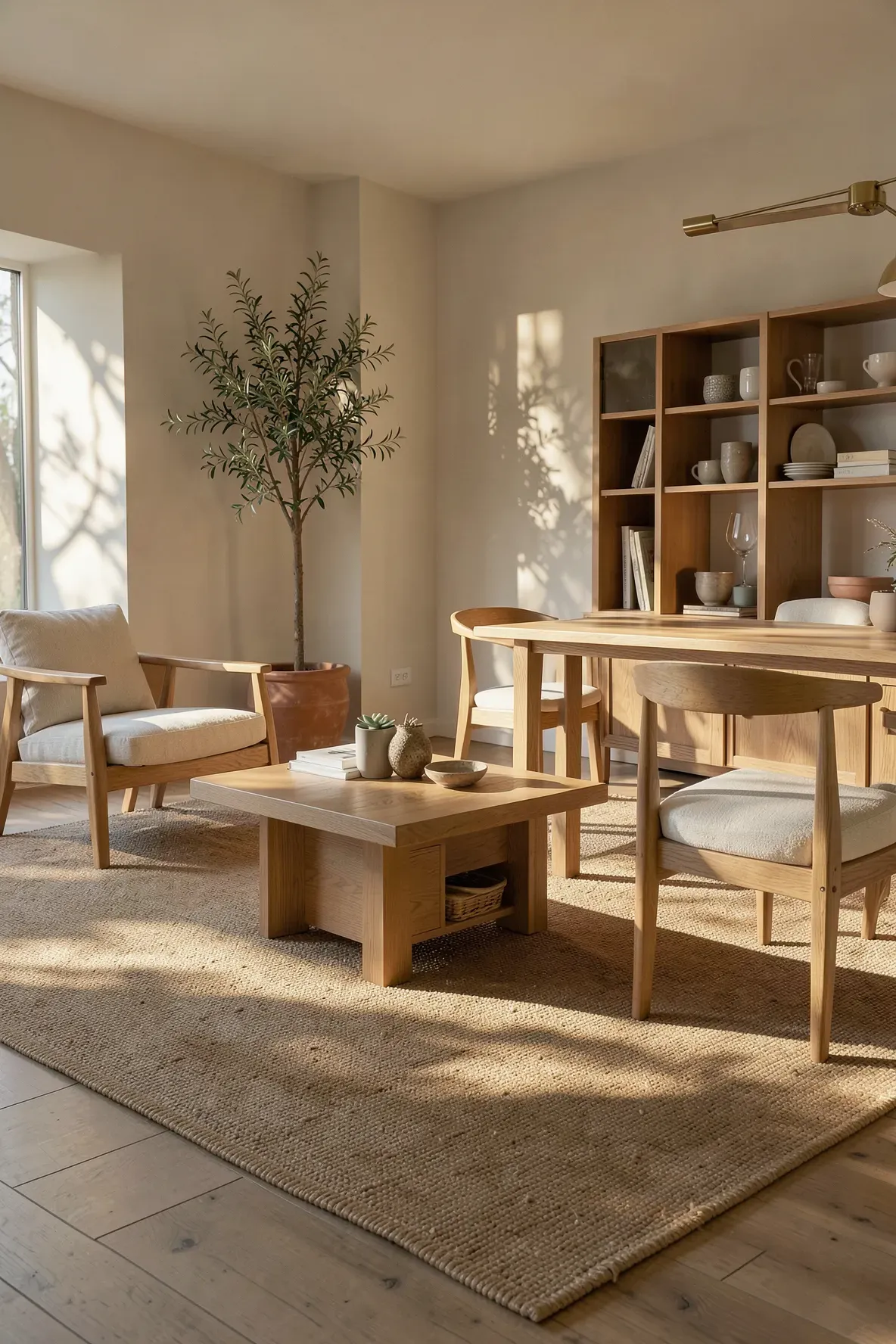 A warm tan rug paired with light oak furniture in a rustic, sunlit room.