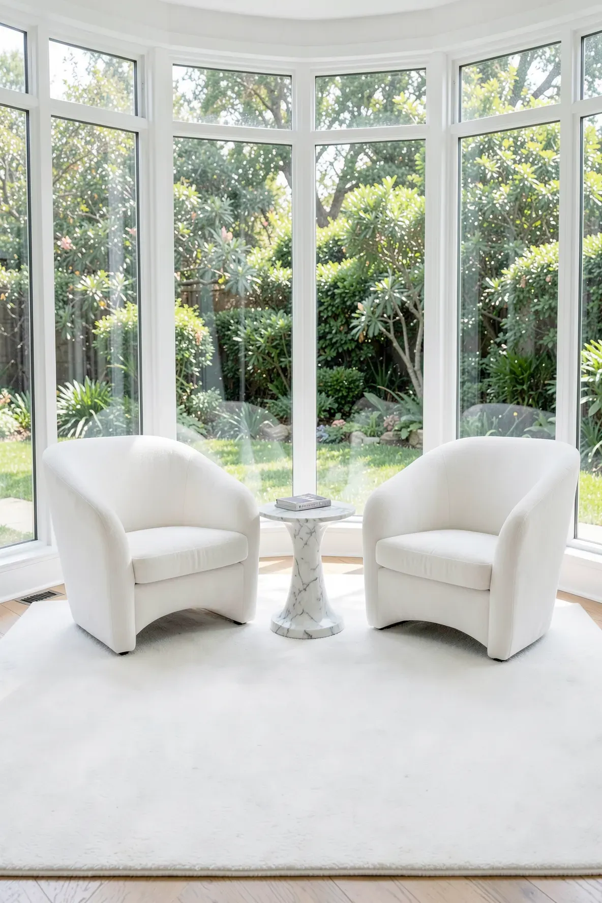 A pristine white rug in a formal, sunlit sitting area with elegant white furniture.
