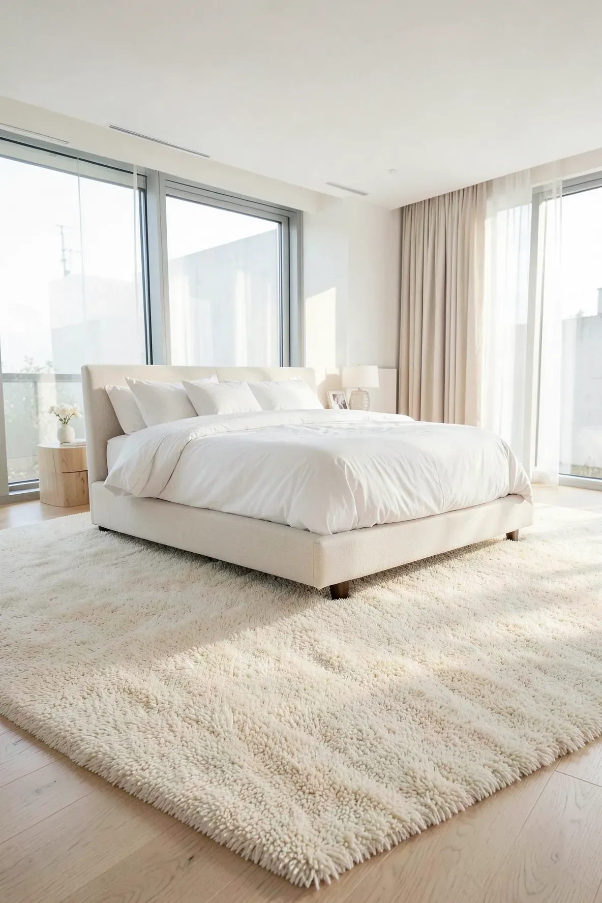 A large plush cream rug framing a king-size bed in a bright, modern bedroom with oak floors.