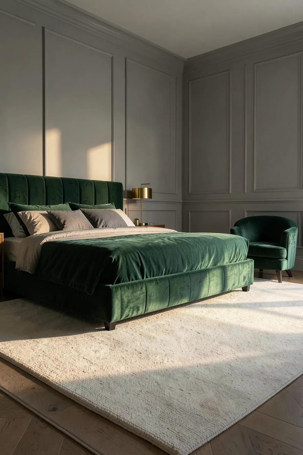 A forest green velvet bed sitting atop a large cream rug in a sophisticated bedroom.