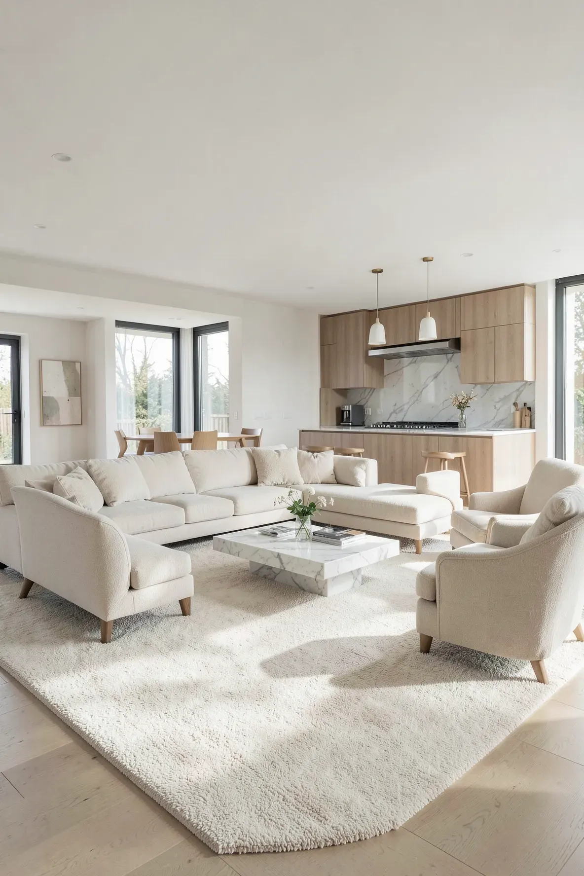 An oversized cream rug defining a living room area in a large open-concept modern home.